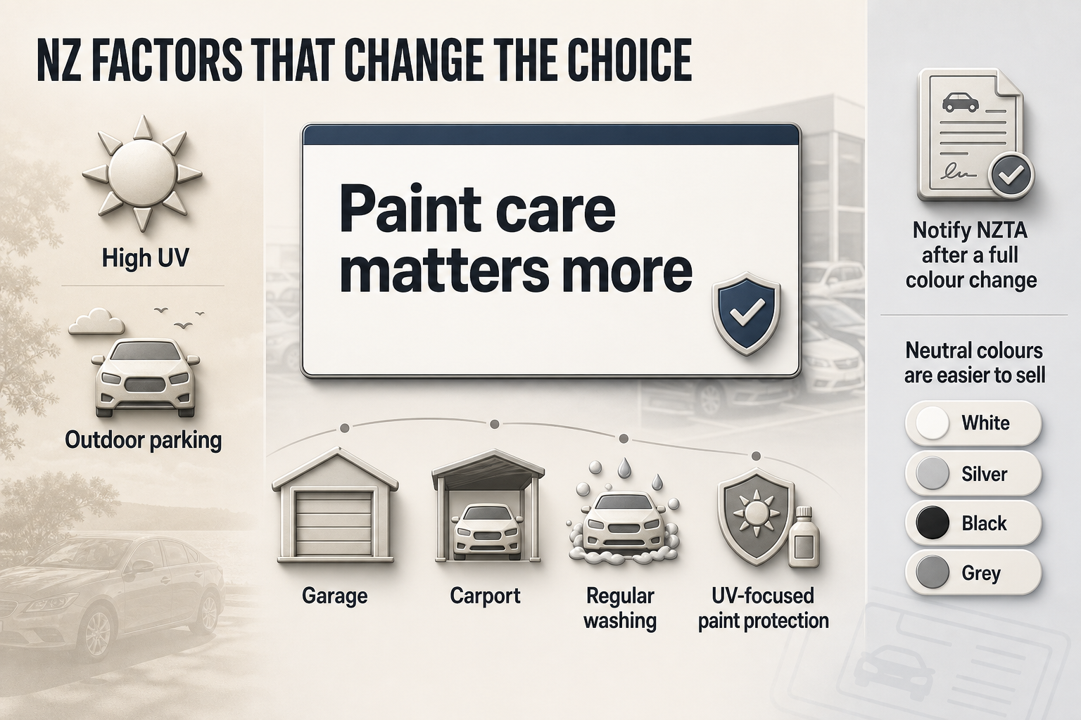 NZ Car Colour Factors Info-card style infographic with four NZ-specific panels covering UV exposure, parking, paint care, NZTA notification, and resale colours