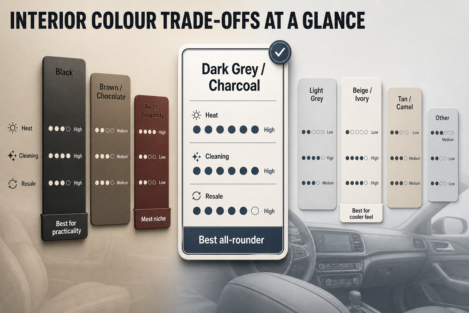Interior colour trade-offs Comparison infographic with eight interior colour columns and three rating rows for heat, cleaning, and resale.