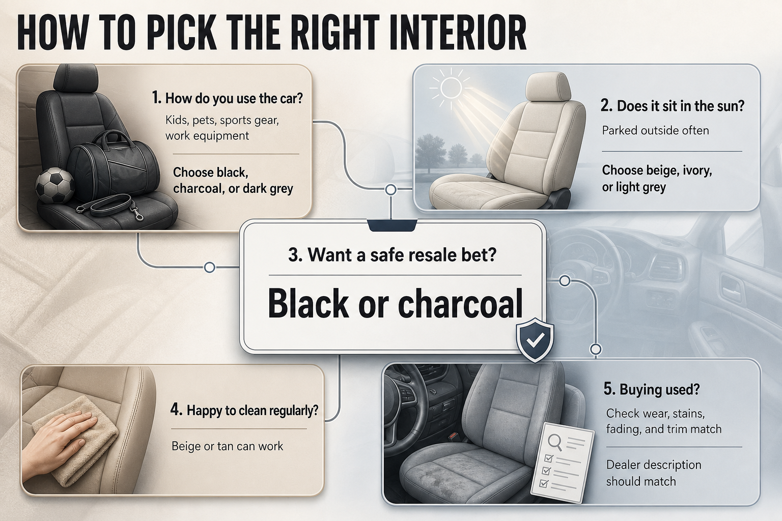 How to choose interior colour Five-step flowchart with decision boxes for car use, sun exposure, resale priority, cleaning tolerance, and used-car checks.