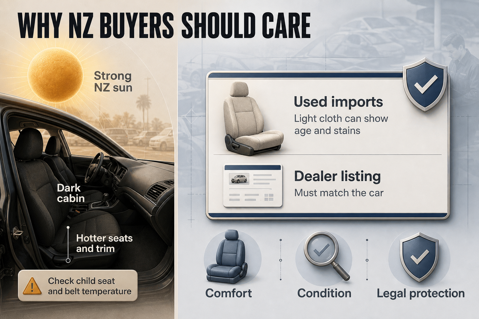 NZ interior colour context Split-view infographic showing a sun-heated dark car cabin on one side and a used import interior inspection on the other.