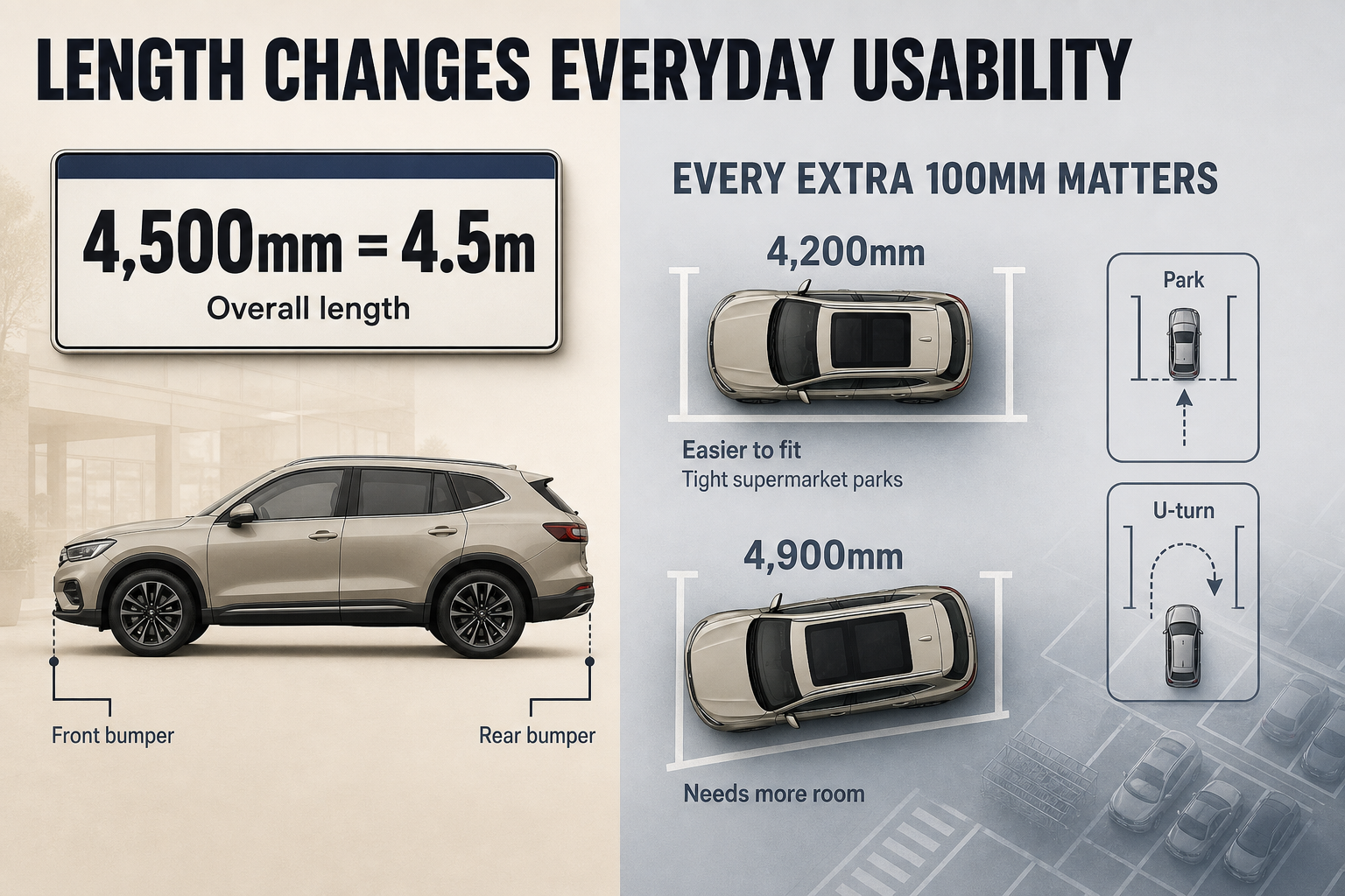 Two-column vehicle length infographic with bumper-to-bumper measure, a 4,500mm to 4.5m callout, and 4,200mm versus 4,900mm parking icons.