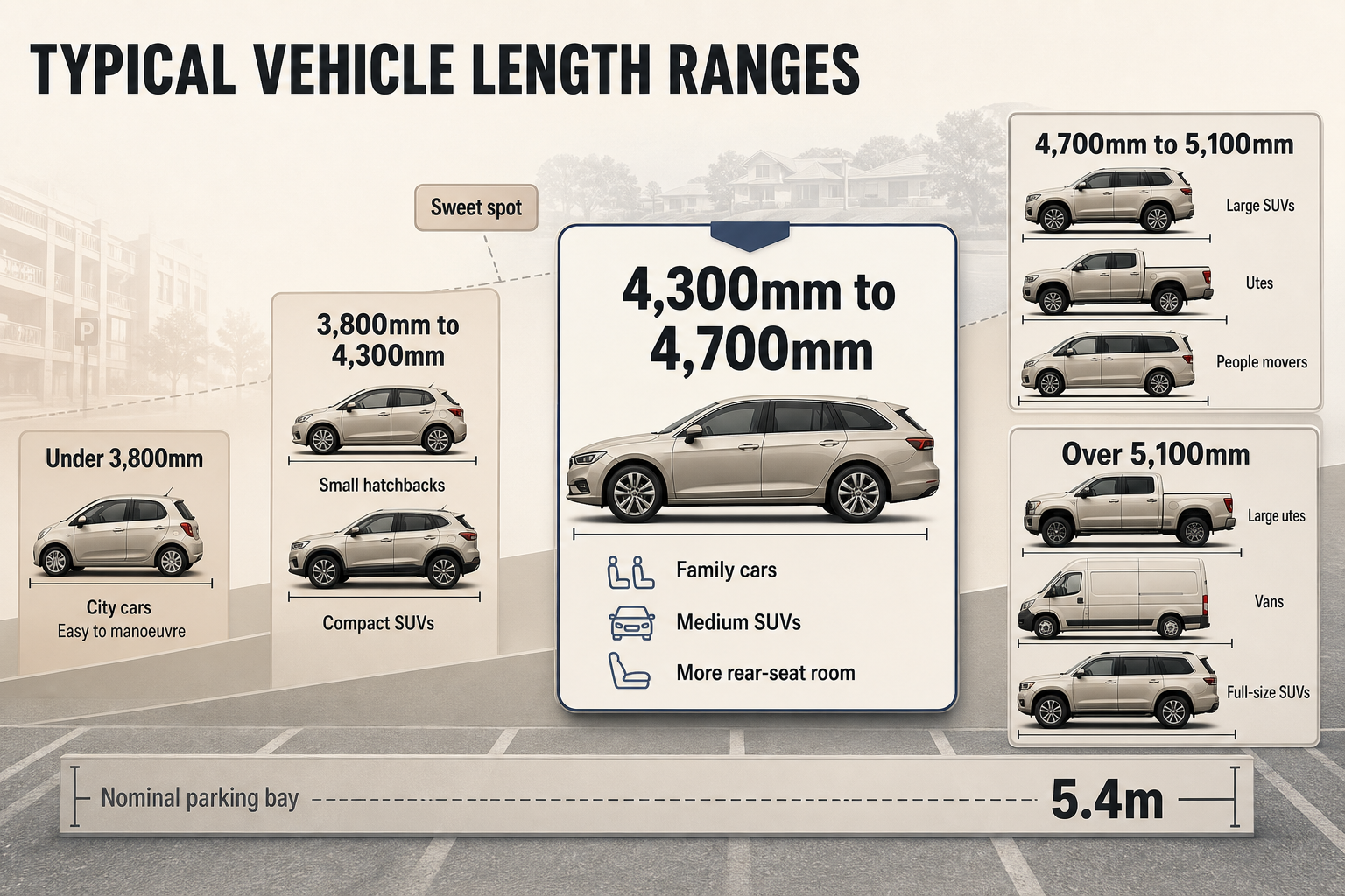 Five-column size range chart showing vehicle length bands from under 3,800mm to over 5,100mm, with a 5.4m parking bay marker.