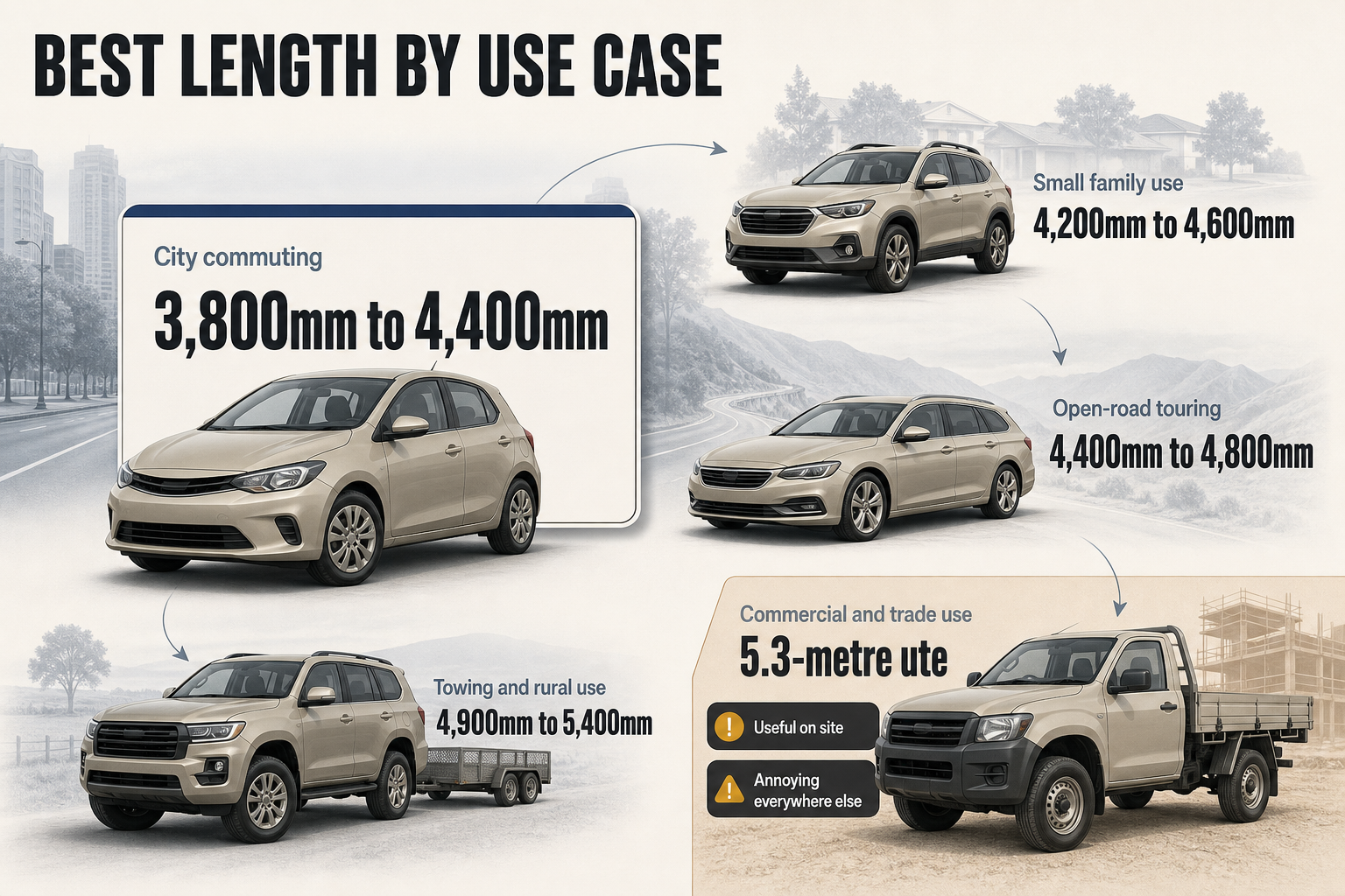 A grid of use-case cards pairing driving needs with recommended vehicle length ranges, including city, family, touring, towing, and trade use.