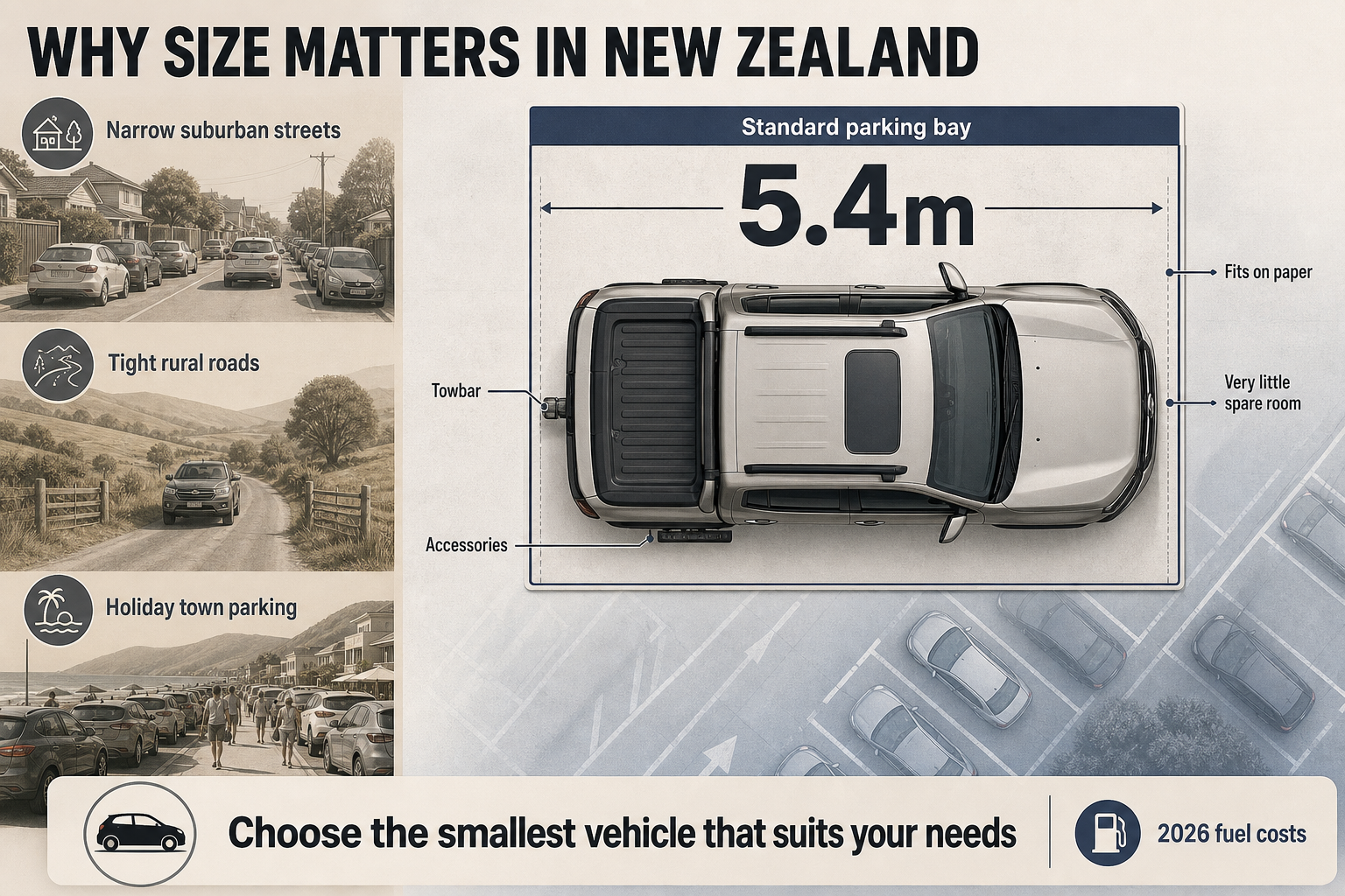 Split-view infographic with a 5.4m parking bay and large vehicle on one side, plus narrow NZ street and fuel cost callouts on the other.