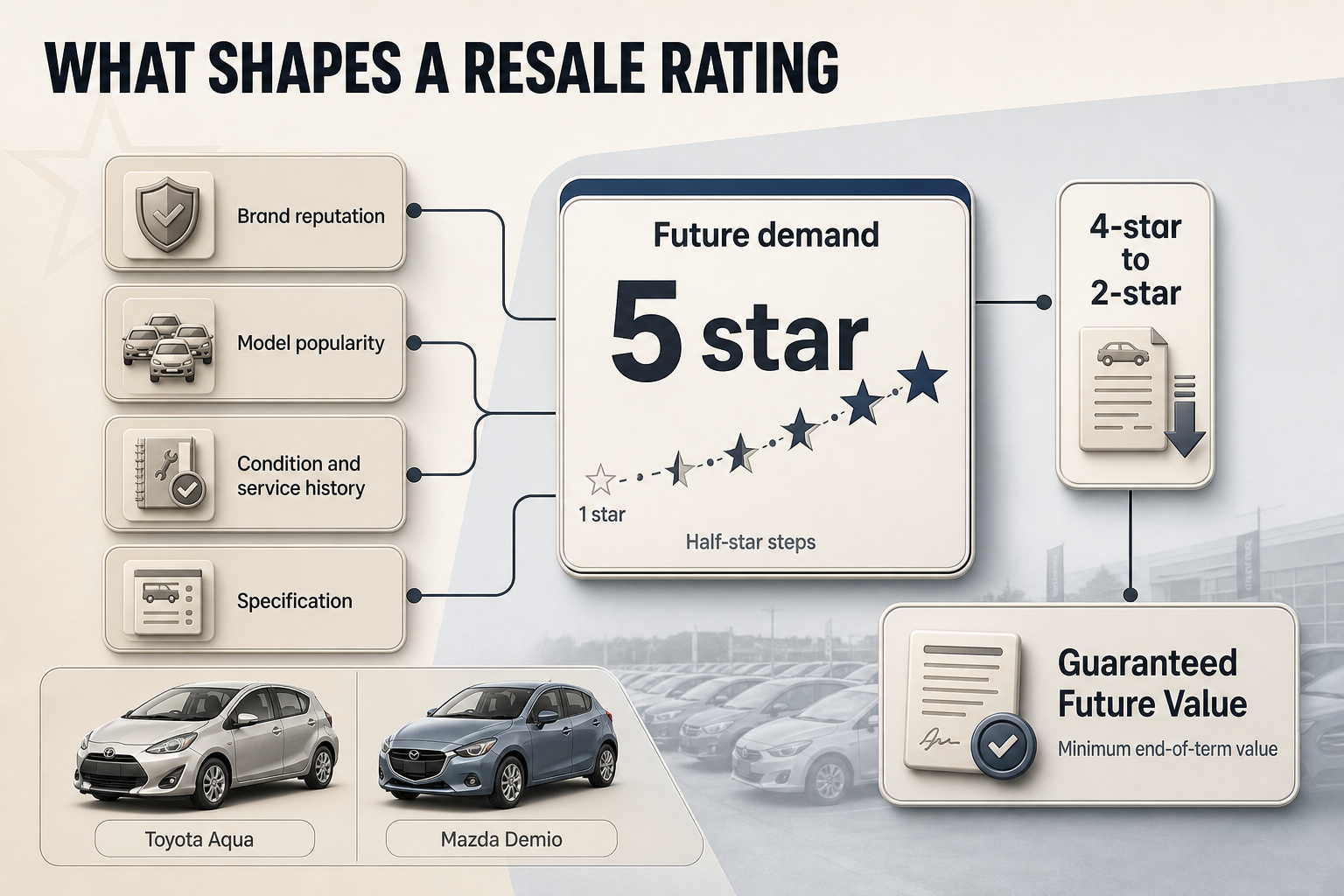 What Shapes Resale Ratings Flow infographic with a star-rating scale from 1 star to 5 star linked to boxes for brand, popularity, condition, spec, and finance signals.