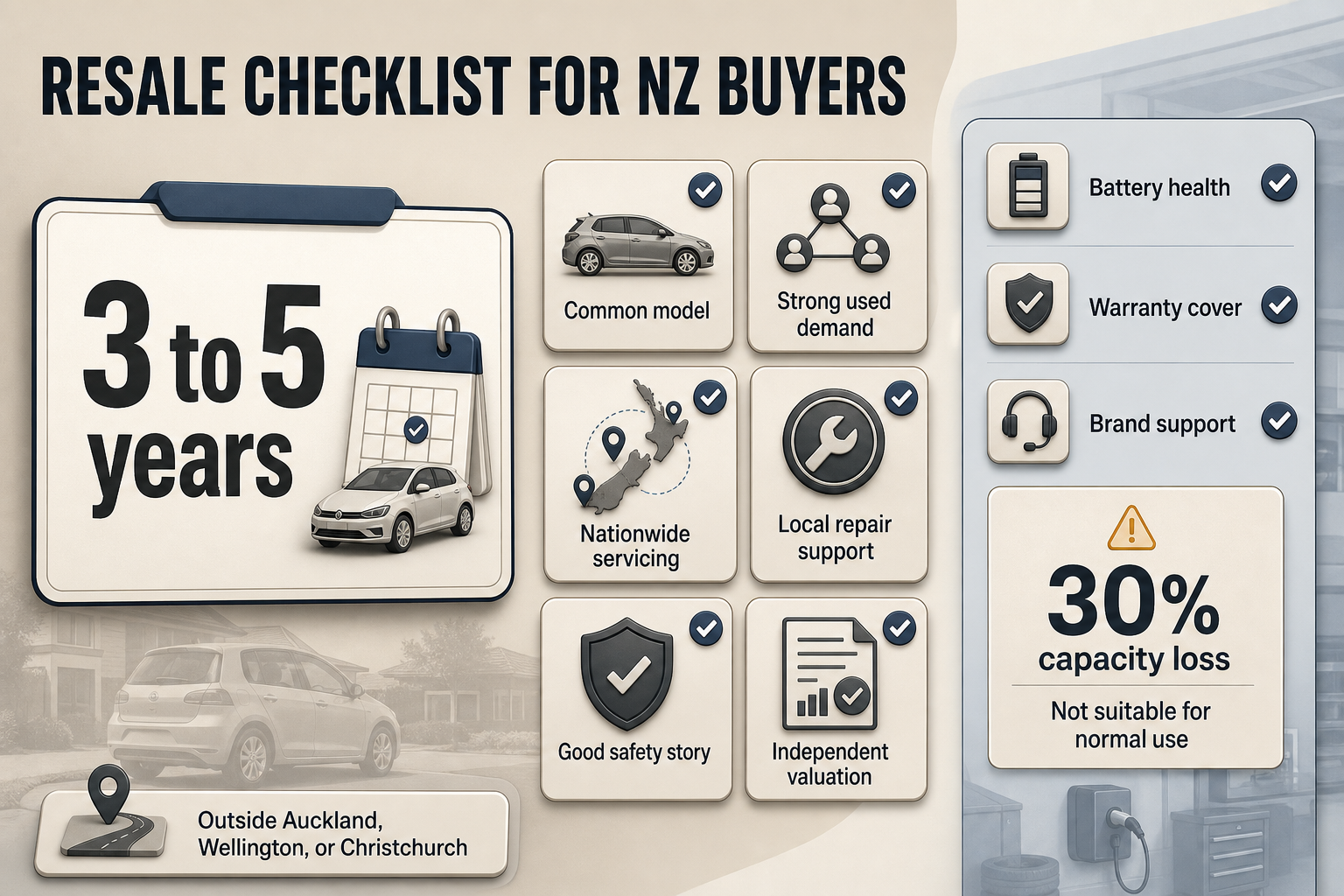 NZ Resale Buyer Checklist Checklist-style infographic with six resale checks shown as cards, including demand, servicing, safety, valuation, battery health, and warranty support.