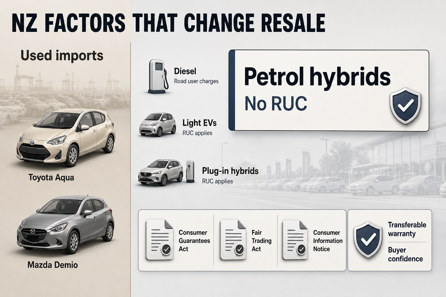 NZ Resale Market Factors Two-column comparison infographic showing NZ resale influences, with import examples, fuel-type RUC differences, and legal paperwork and warranty badges.