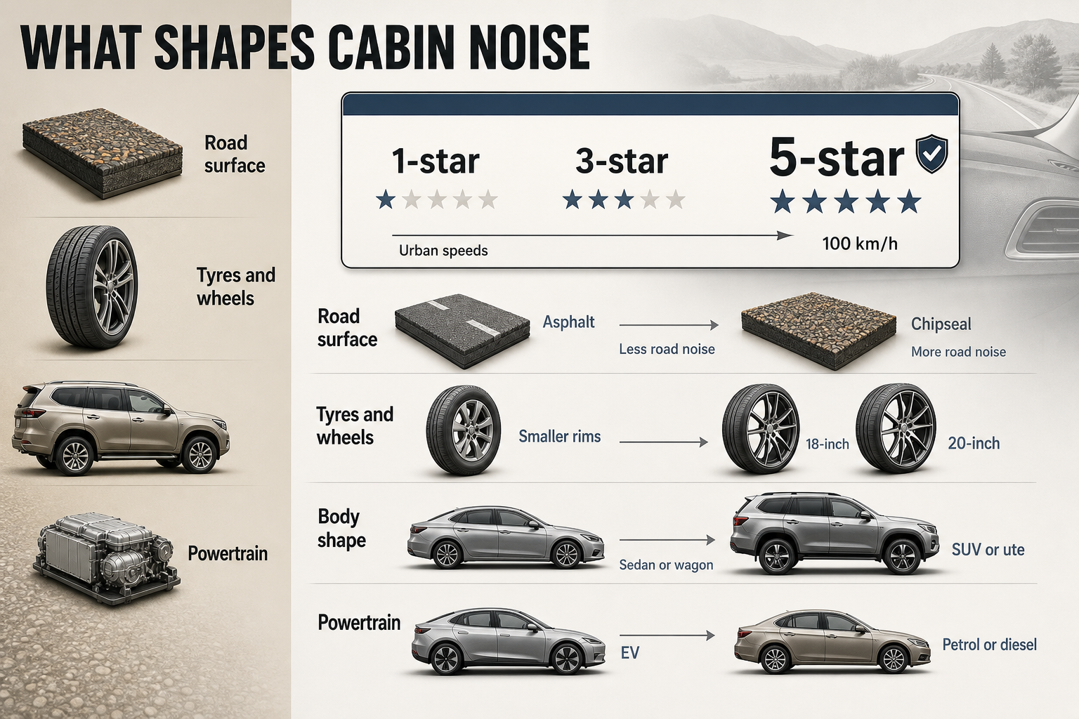 What Shapes Cabin Noise Comparison infographic with columns for road surface, wheels, body shape and powertrain, plus a star scale from 1-star to 5-star