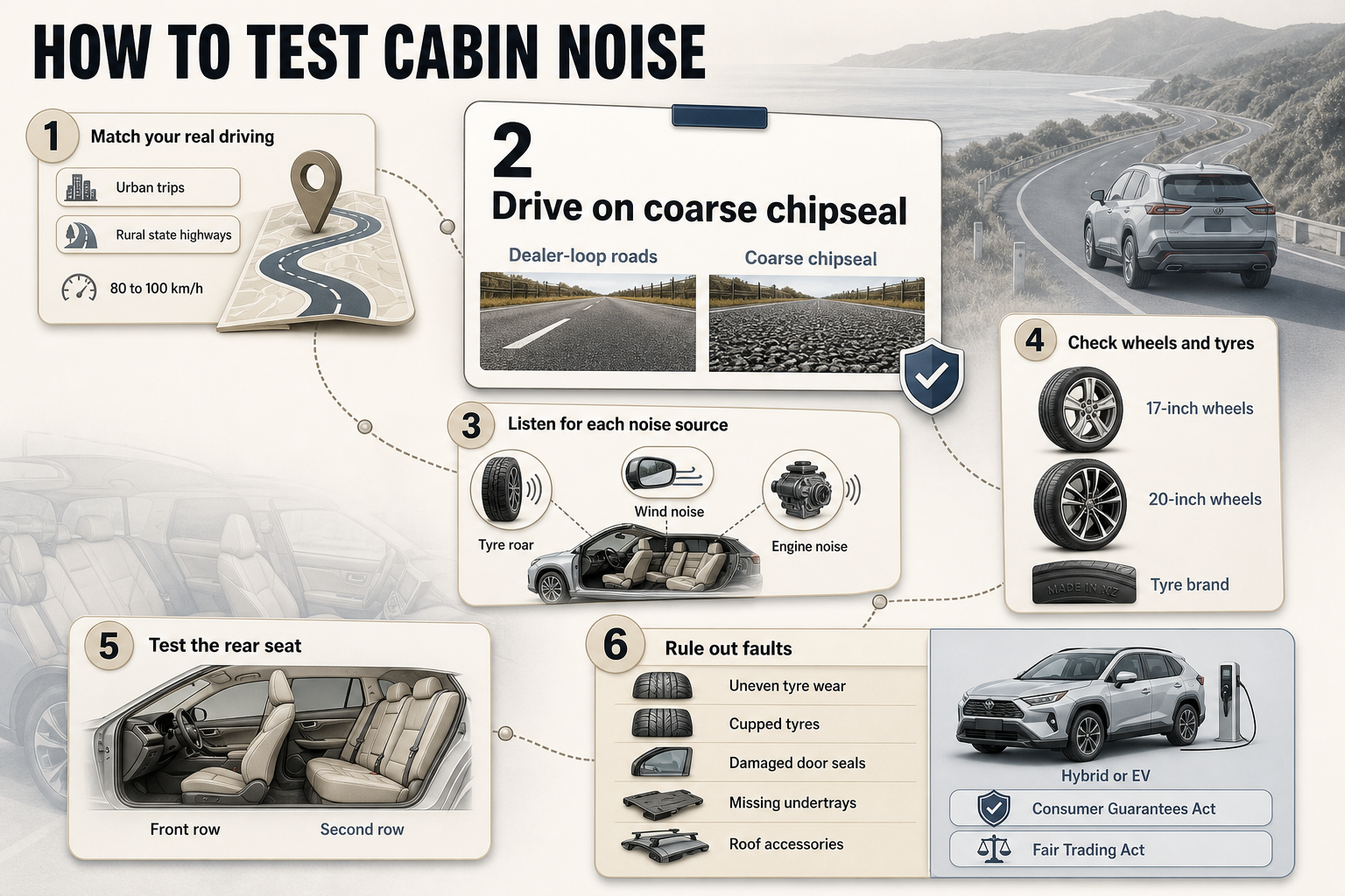 How to Test Cabin Noise Six-step flowchart with numbered panels covering real-world driving, chipseal testing, noise checks, wheel size, rear-seat checks and faults