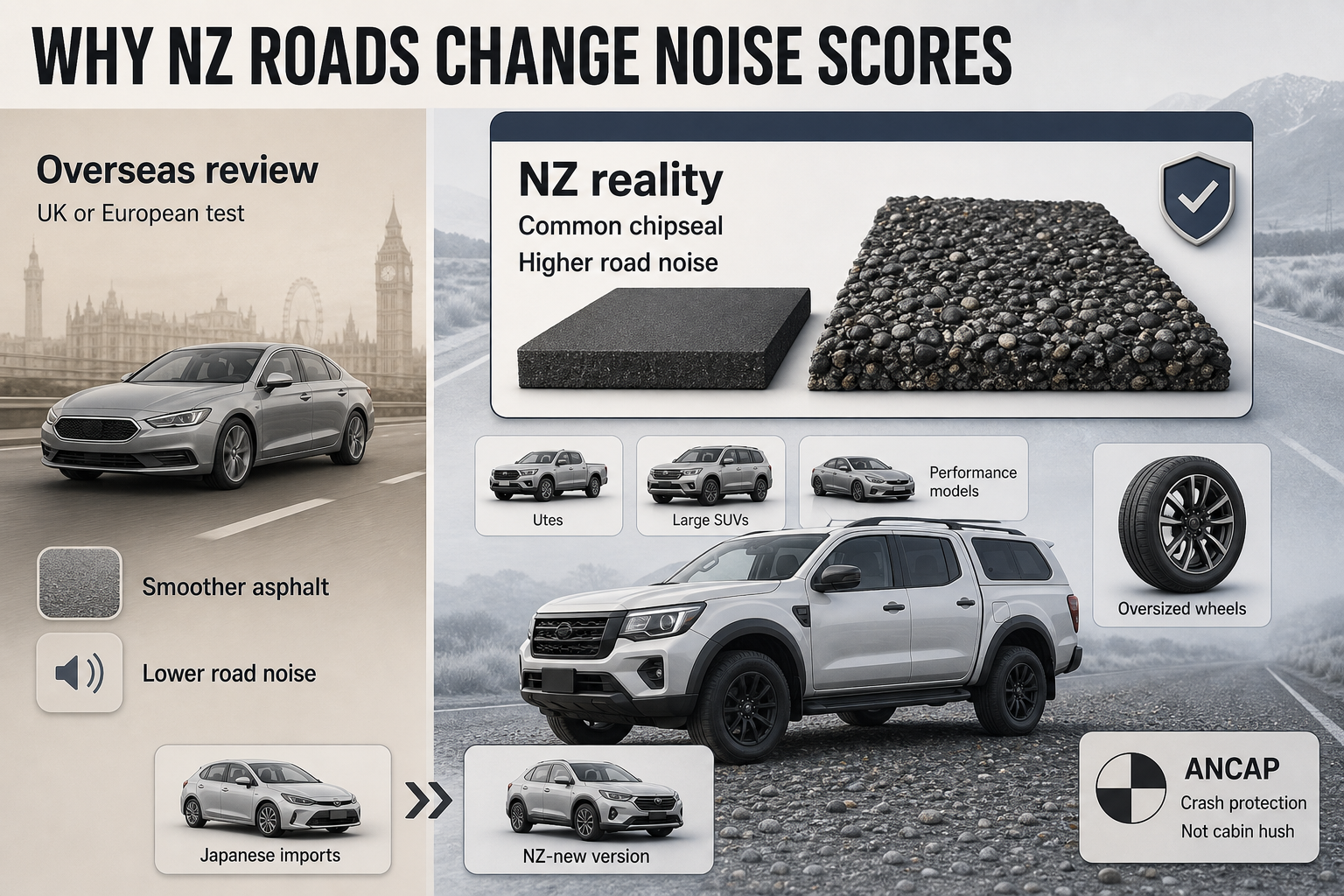 Why NZ Roads Sound Louder Split-view graphic showing a smoother overseas asphalt road on one side and a coarse NZ chipseal road on the other with vehicle labels
