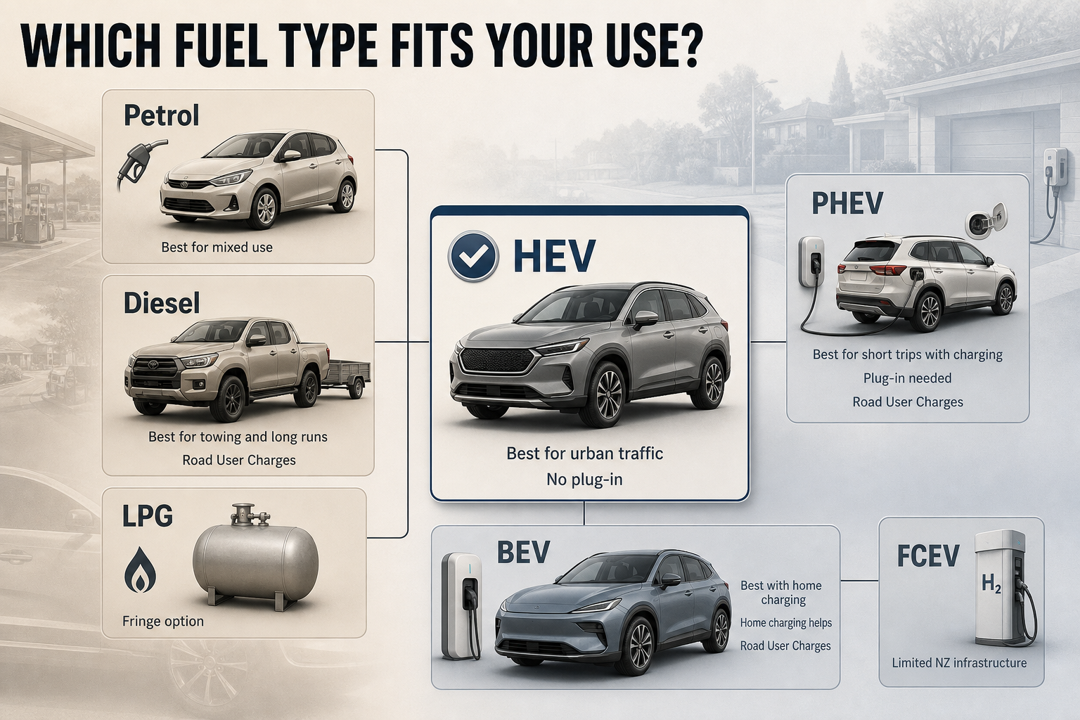 Comparison infographic with seven fuel-type columns using icons and short labels for petrol, diesel, HEV, PHEV, BEV, FCEV and LPG