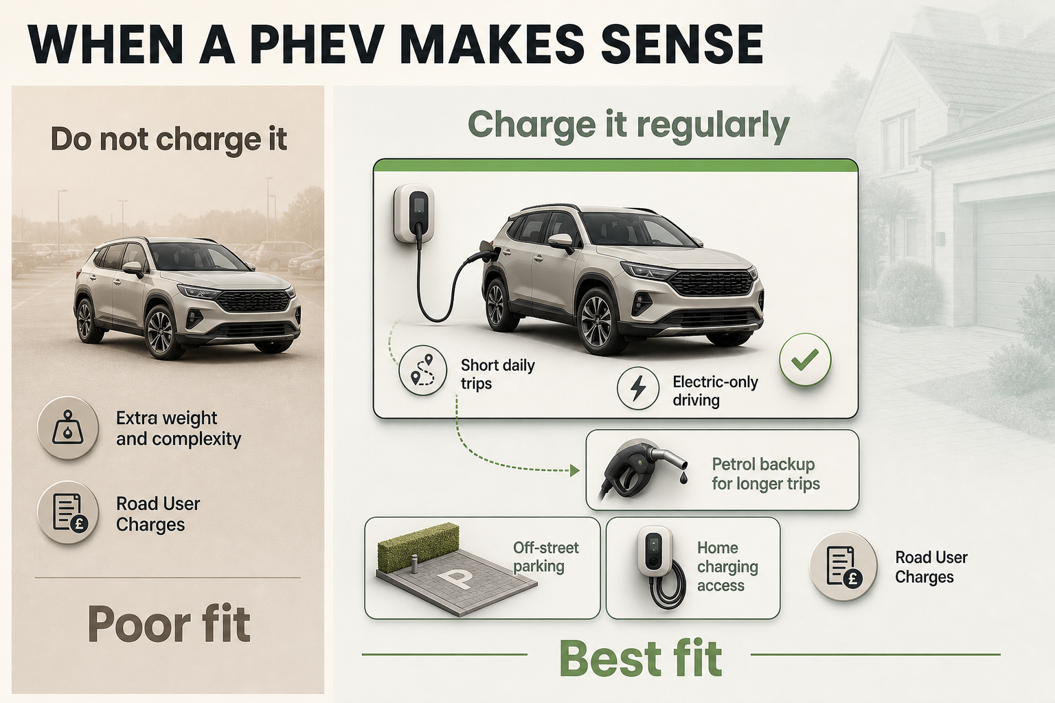 PHEV ownership split view Split-view infographic with two PHEV ownership scenarios, showing a charged plug-in hybrid on one side and an uncharged one on the other.
