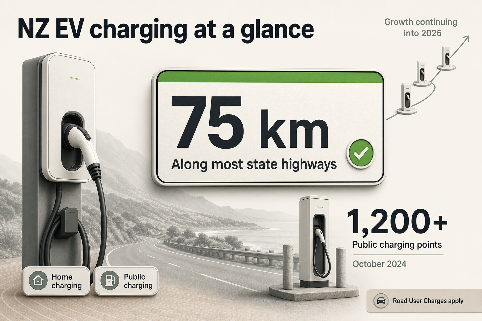 NZ EV charging stats Badge-style infographic with large EV charging stats, a highway distance marker, charger icons, and a small Road User Charges note.
