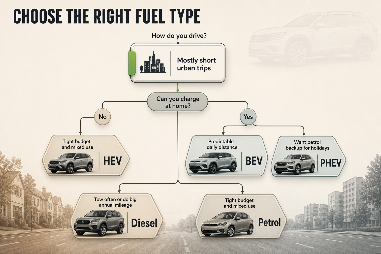 Fuel type decision flow Flowchart infographic with decision branches leading from driving habits and home charging access to HEV, BEV, PHEV, diesel, or petrol.