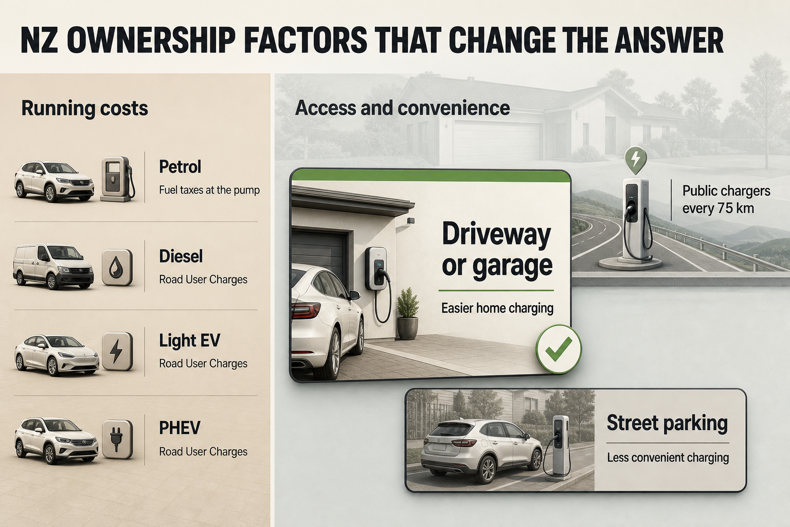 NZ fuel choice context Two-column comparison infographic showing running-cost rules on one side and charging access factors on the other with simple icons.