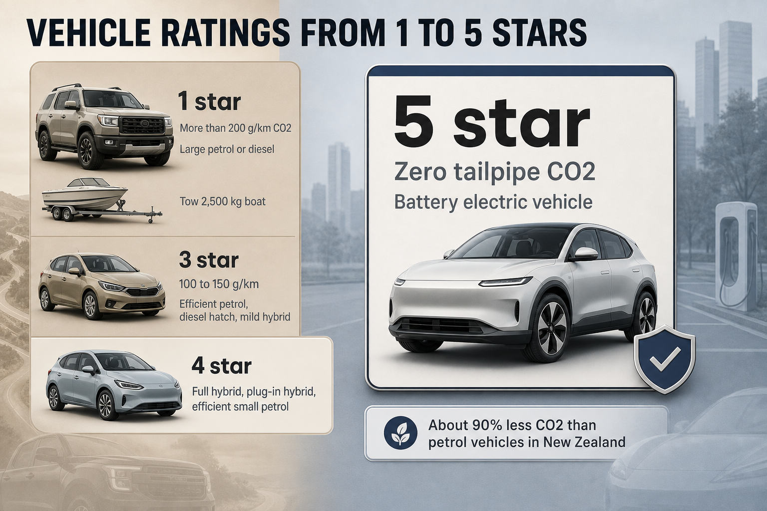 Four-column infographic showing 1 star, 3 star, 4 star and 5 star vehicle tiers with CO2 bands and vehicle type labels
