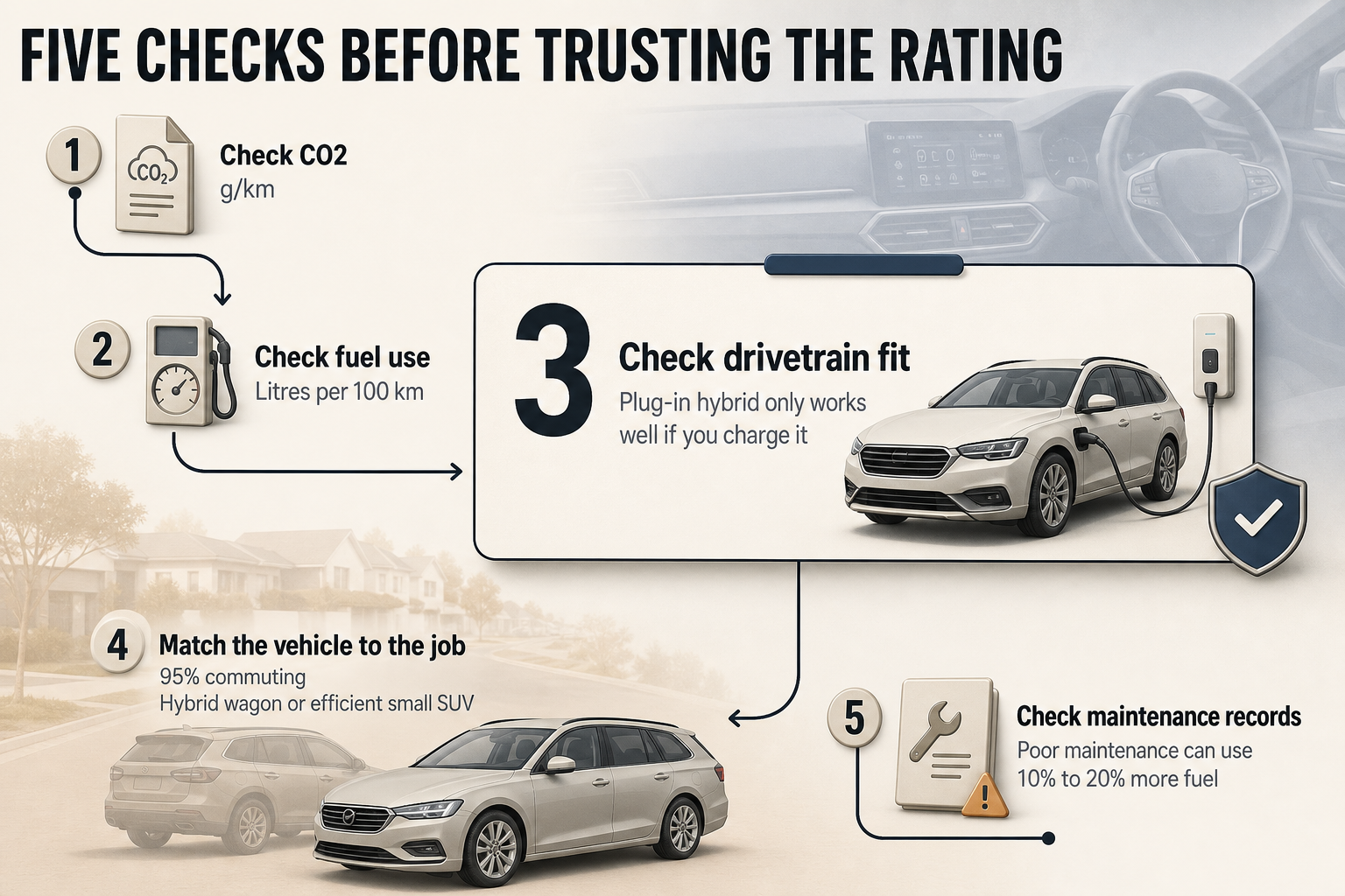 Linear five-step flowchart with numbered checks for CO2, fuel use, drivetrain fit, real usage and maintenance records