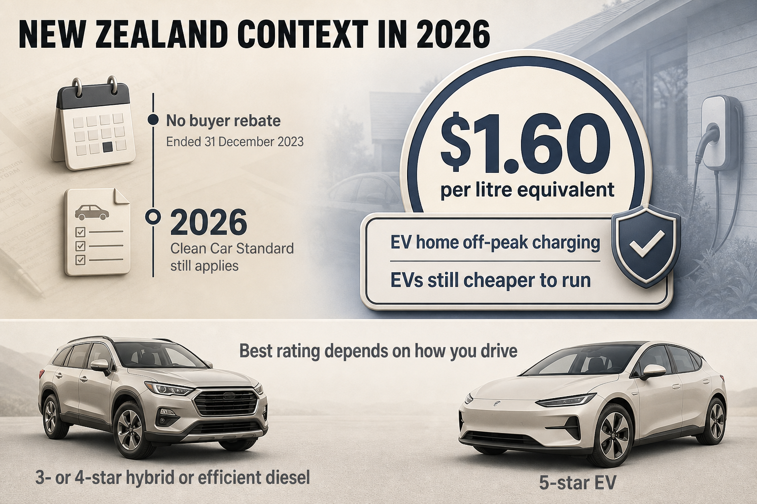 Badge-style infographic with policy and running-cost callouts, including rebate end date, 2026 label and EV charging cost figure