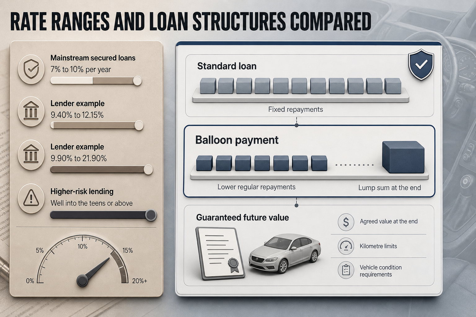 Finance ratings from 1 to 5 Horizontal five-step rating flow with star levels from 1-star to 5-star, each panel listing finance details and transparency features