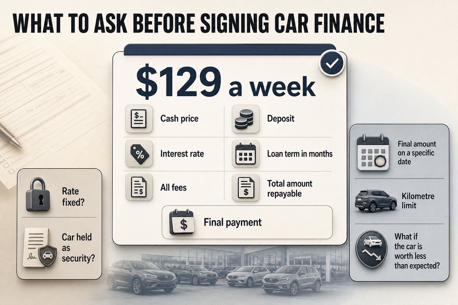 Car finance question checklist Checklist-style card layout showing an advertised weekly payment at top and a grid of questions buyers should ask below