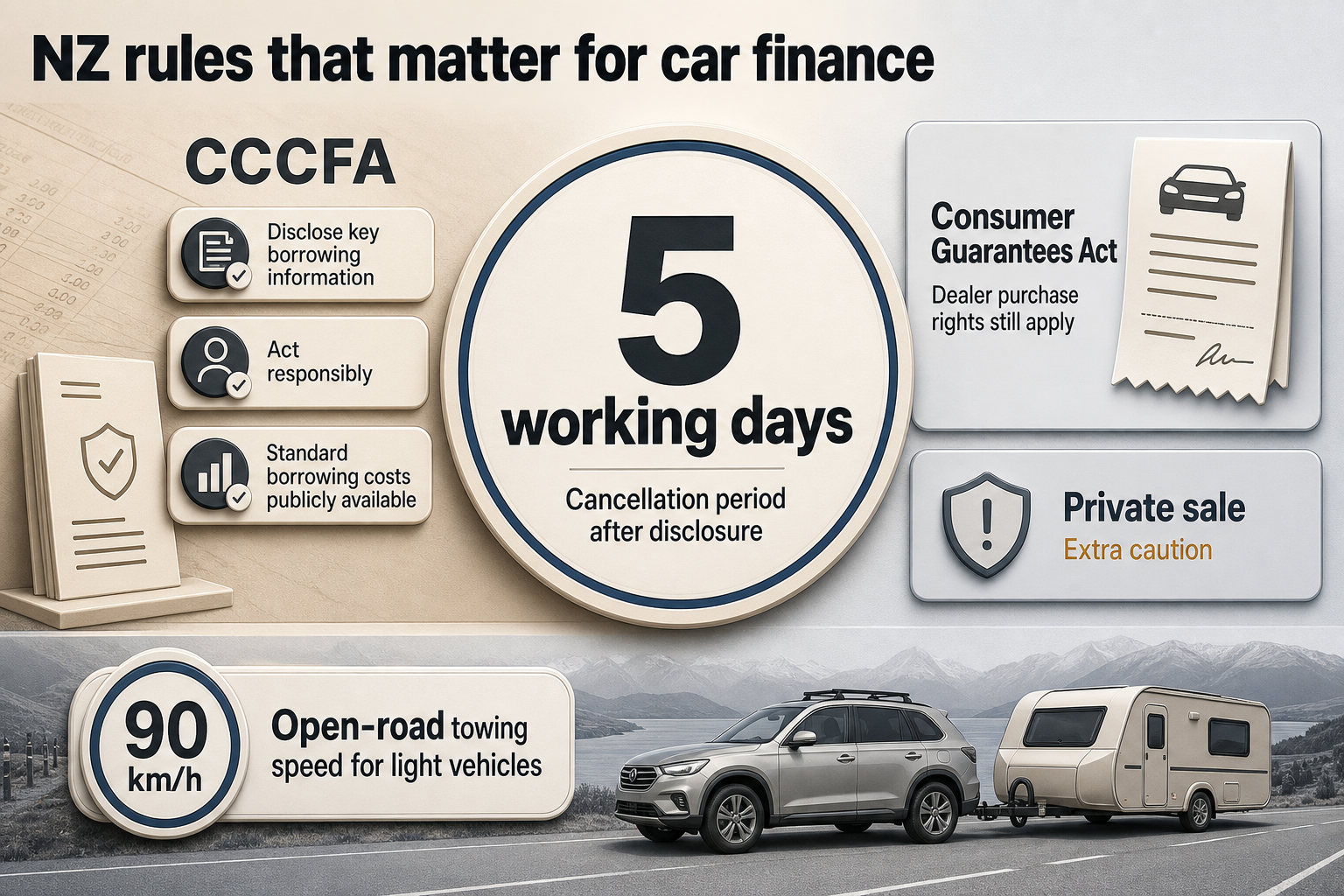 NZ car finance rules Badge-based infographic with legal rule icons, a 5 working days badge, and a 90 km/h towing speed badge arranged in a clean grid