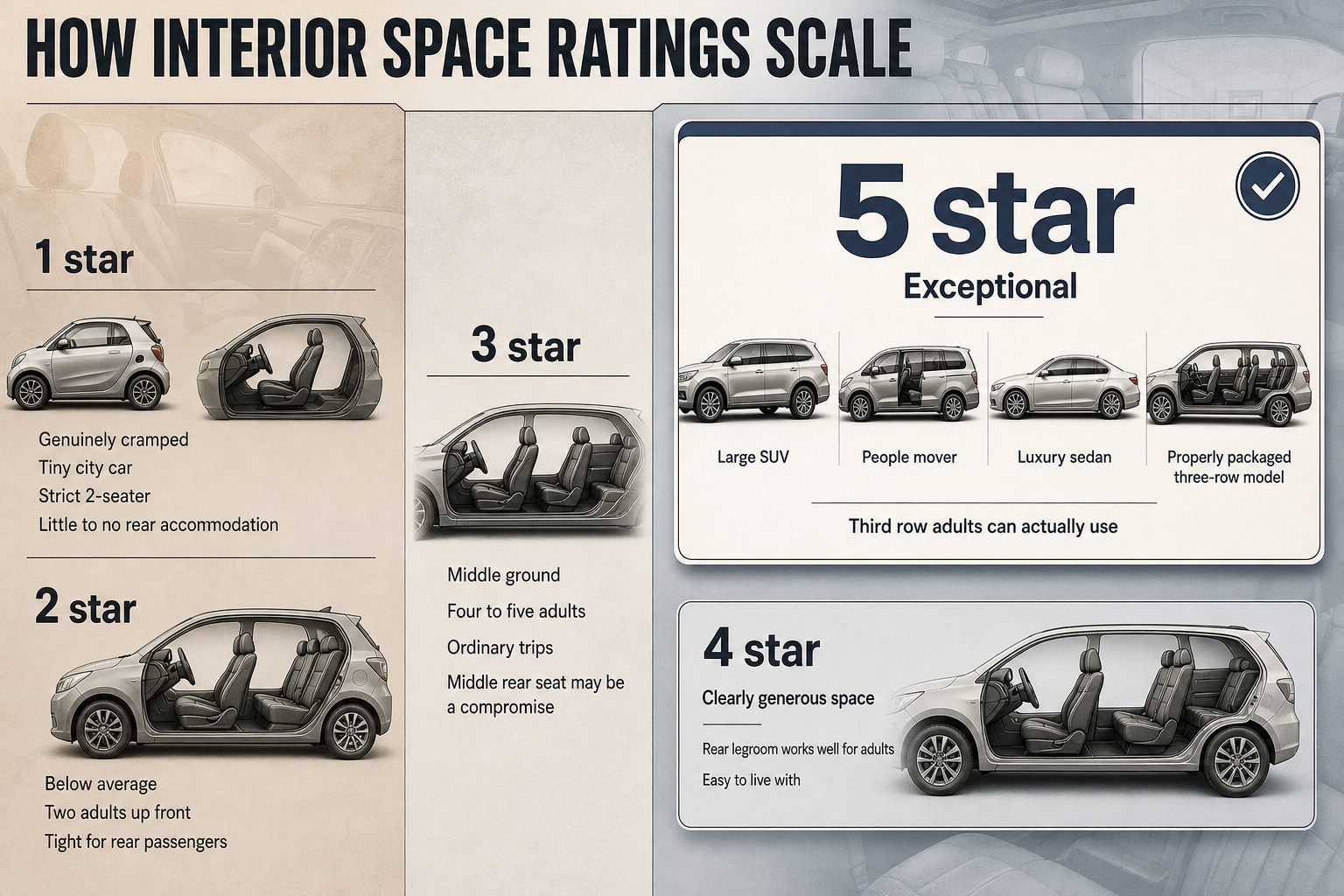 Interior Space Rating Scale Five vertical rating columns show 1 to 5 star interior space tiers with short labels for cramped, average, generous, and exceptional cabins