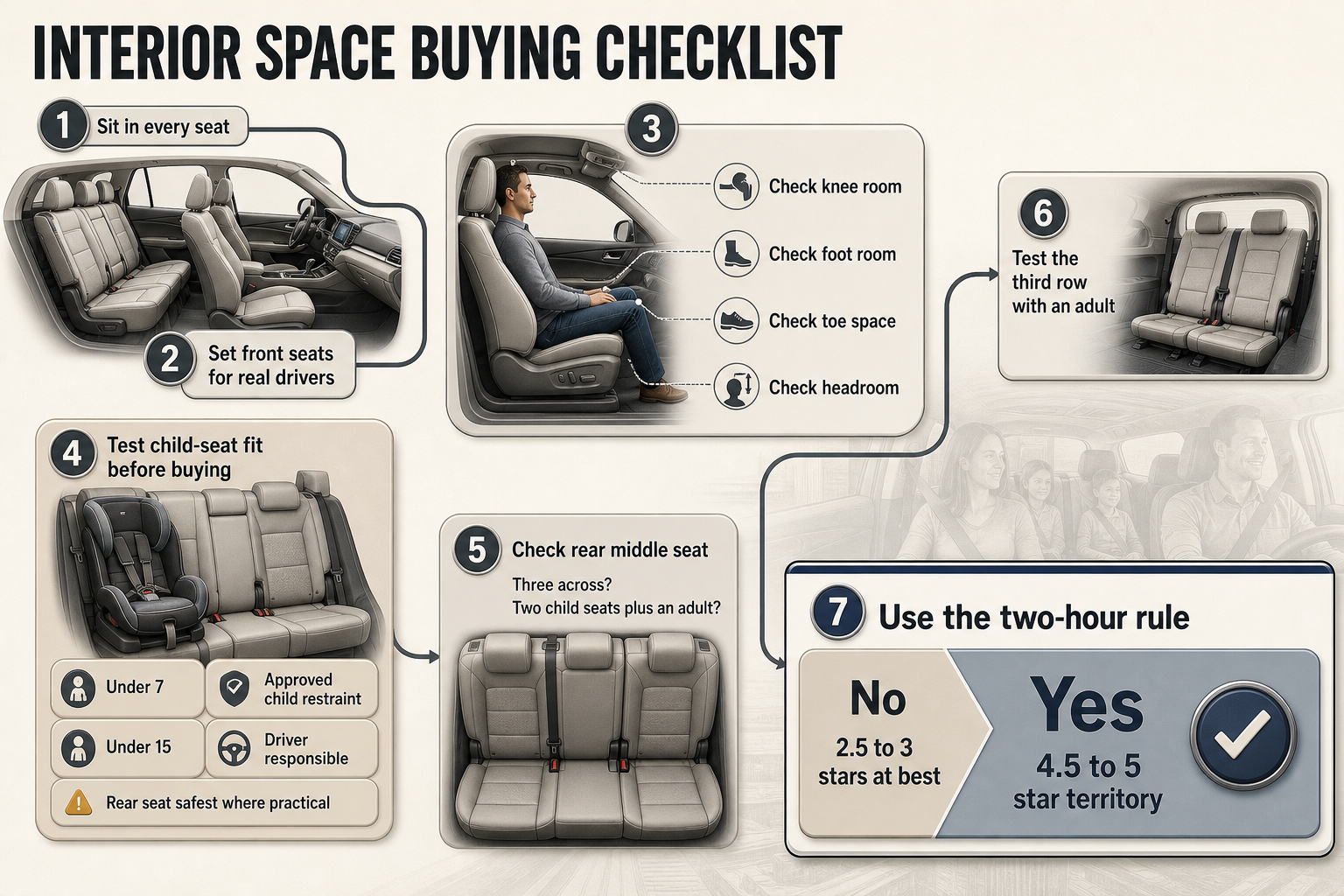 Interior Space Checklist A seven-step flowchart uses numbered nodes and short labels for seat checks, child-seat testing, third-row testing, and the two-hour rule