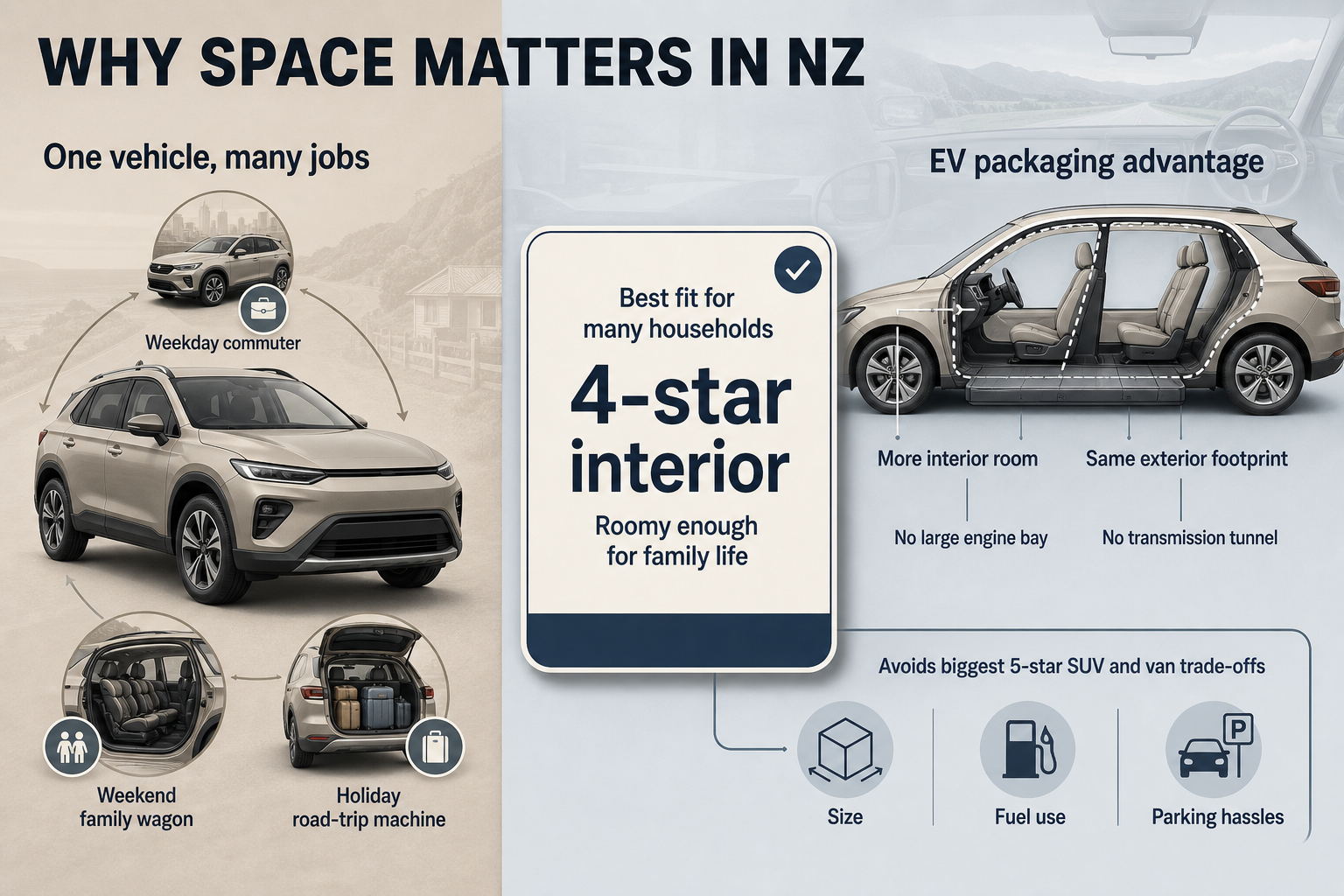 NZ Interior Space Sweet Spot A split-view layout contrasts a multi-use NZ family vehicle on one side with an EV packaging panel and a highlighted 4-star sweet spot card