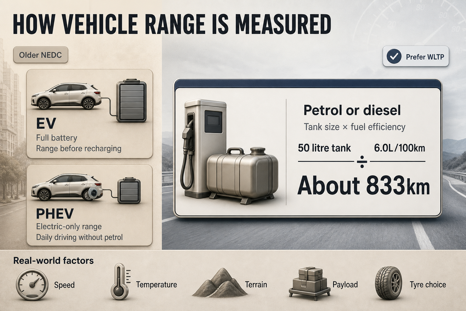 How Vehicle Range Is Measured Three-column infographic showing EV, PHEV, and petrol or diesel range definitions with a fuel range example and a row of real-world factors.