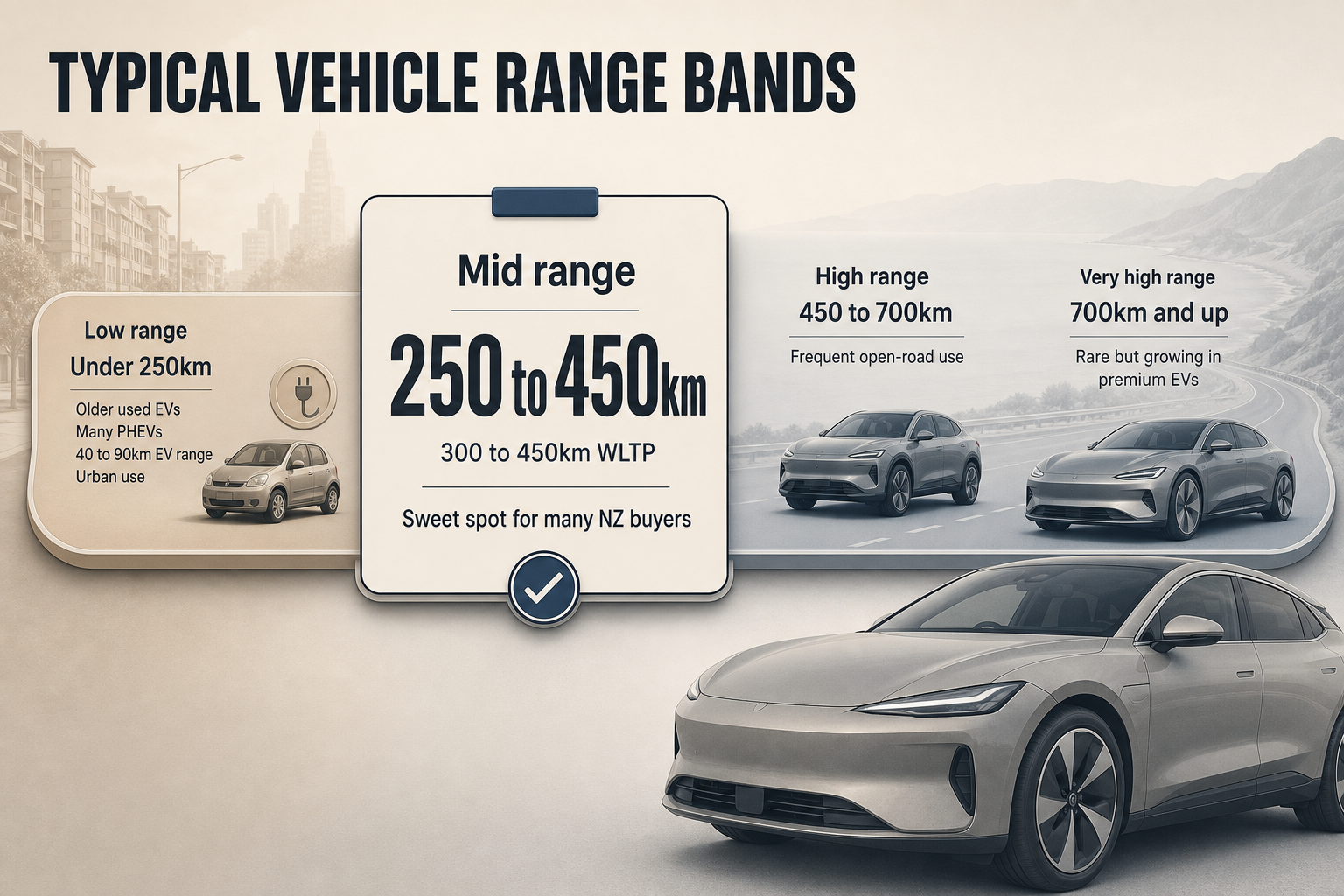 Typical Vehicle Range Bands Horizontal range-band chart with four labelled segments from under 250km to 700km and up, each paired with short use-case notes.