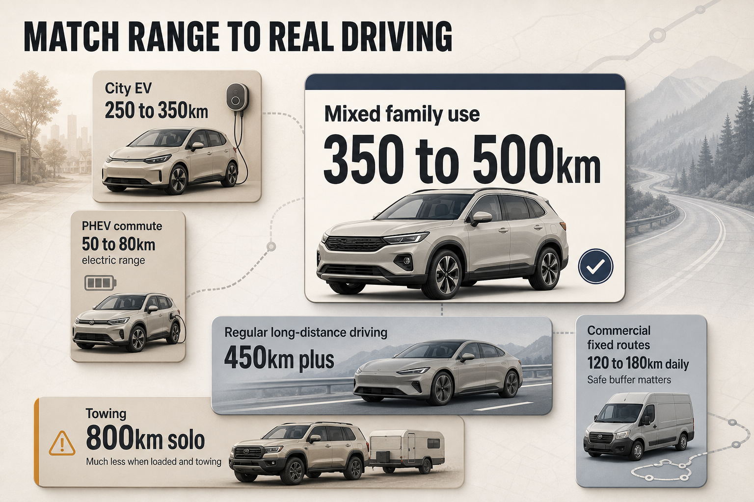Match Range to Real Driving Grid of six range guidance cards for city EV, PHEV commute, family use, long-distance driving, towing, and commercial routes.