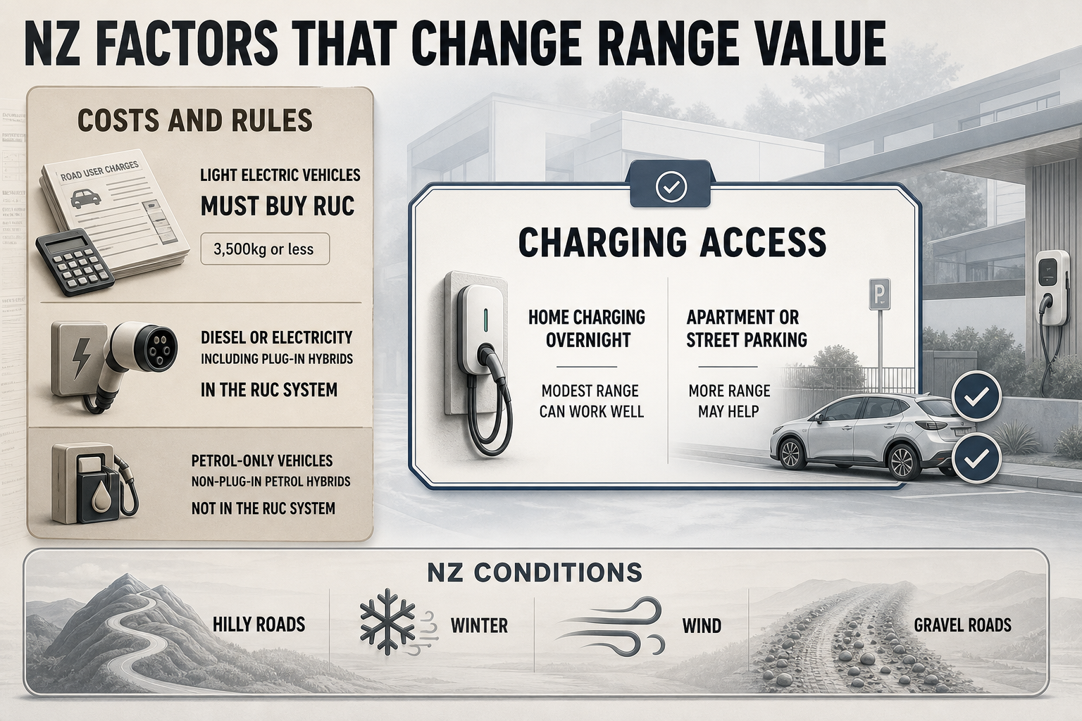 NZ Factors That Change Range Value Split-view infographic with a rules and costs panel on one side and a charging access and road conditions panel on the other.