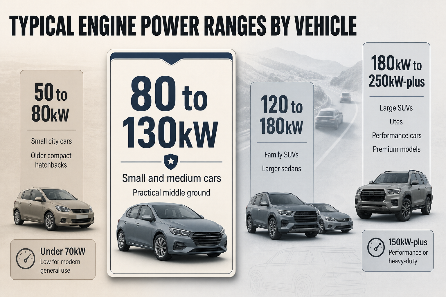 Typical engine power ranges Four vertical comparison columns show vehicle groups with labelled power bands from 50 to 80kW up to 180kW to 250kW-plus.
