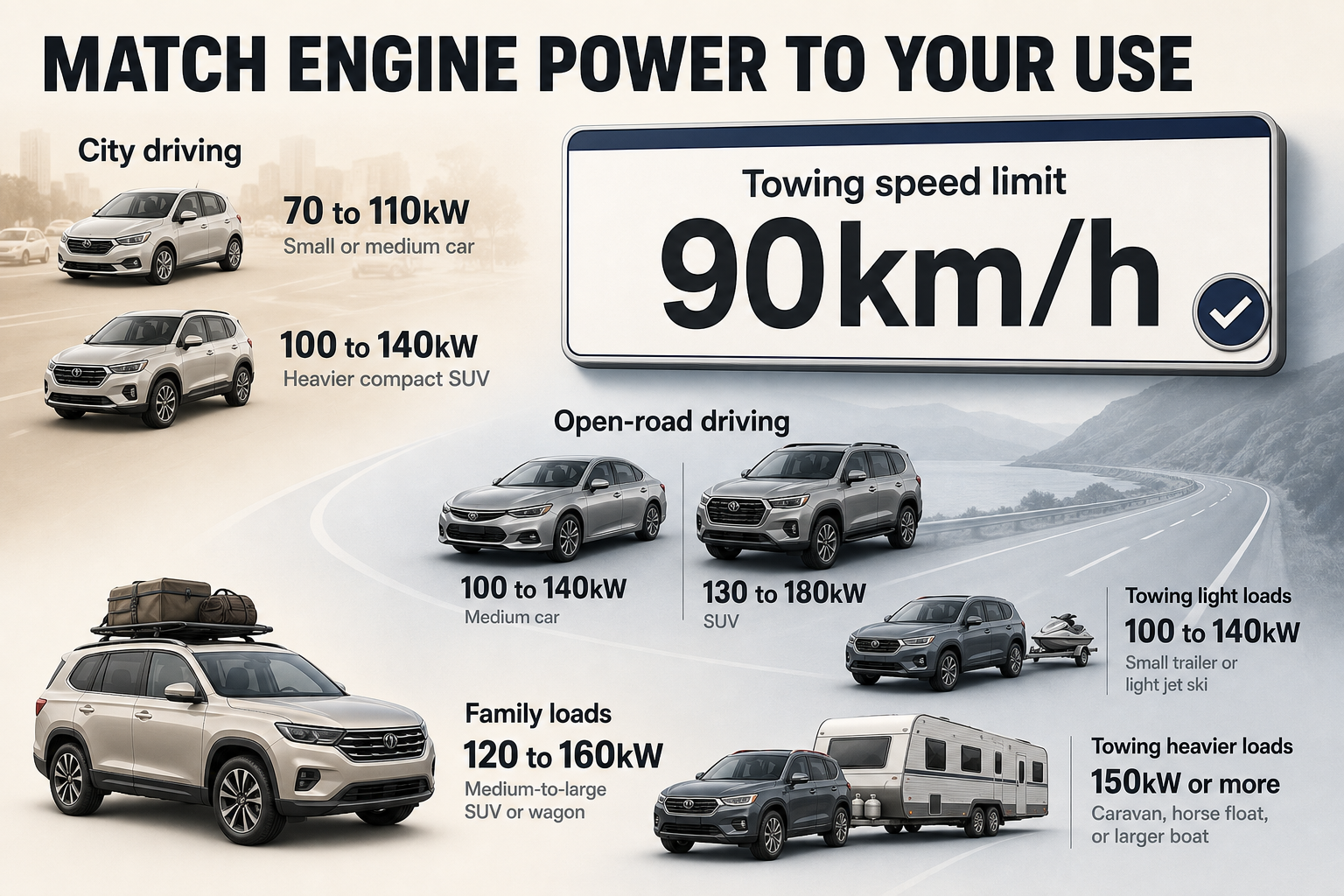 Power by driving use A grid of labelled info cards shows driving scenarios such as city use, open-road travel, family loads, and towing with kW ranges.