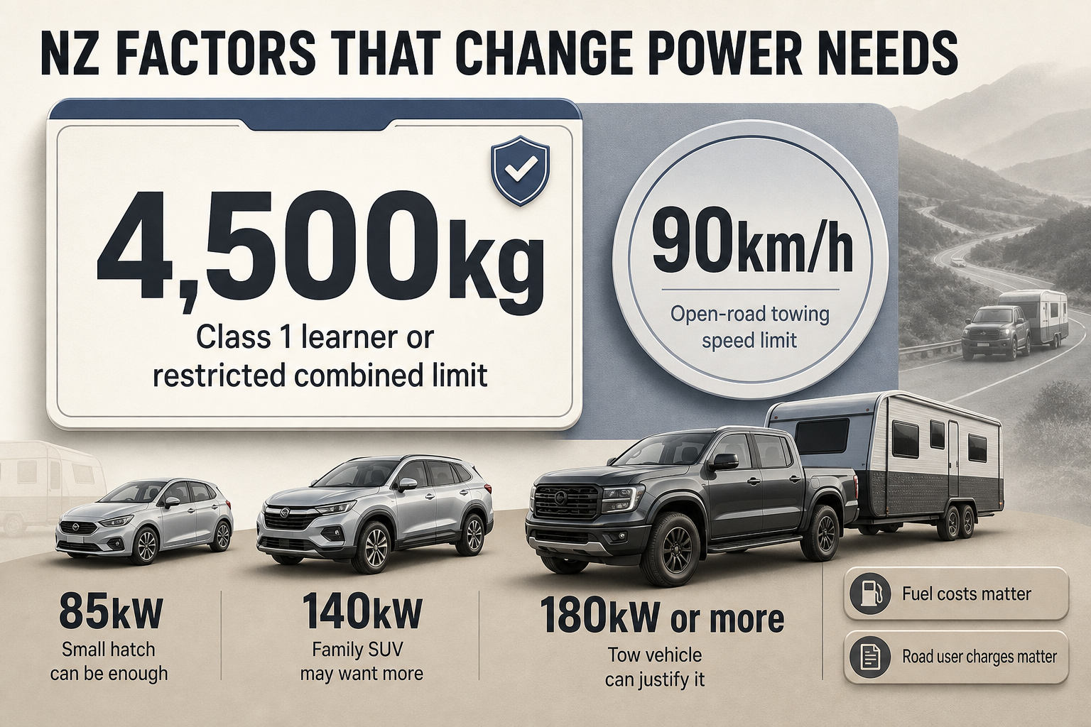 NZ power buying factors Five rounded stat badges display 90km/h, 4,500kg, 85kW, 140kW, and 180kW or more with short New Zealand labels.
