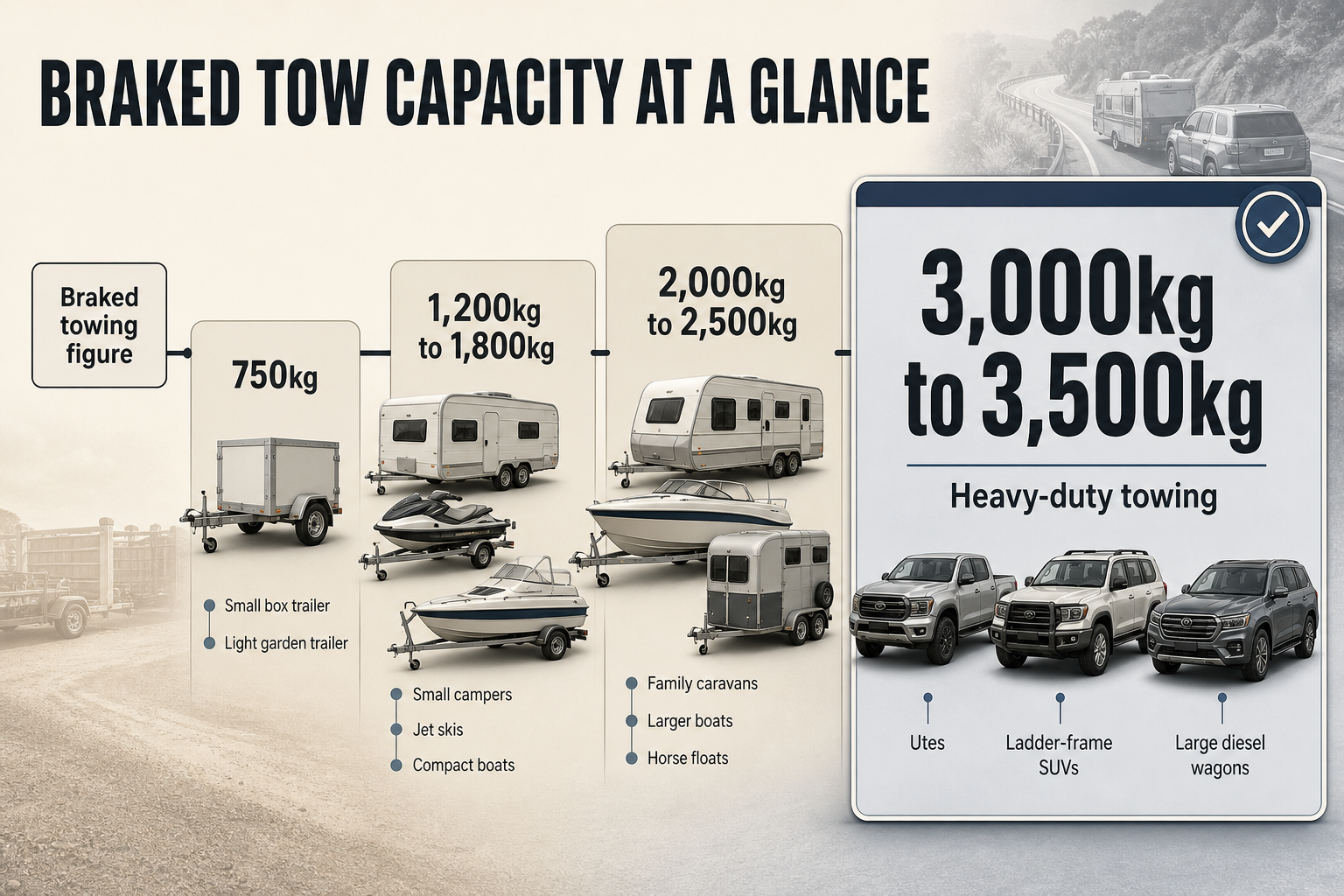Braked Tow Capacity Bands Horizontal range infographic with four towing weight bands, each paired with trailer icons and vehicle types on a warm editorial layout.