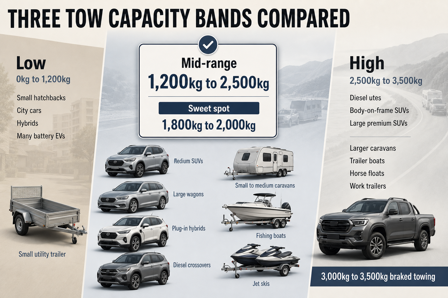 Tow Capacity Range Comparison Three-column comparison chart showing low, mid-range, and high tow capacity bands with vehicle types and trailer examples.