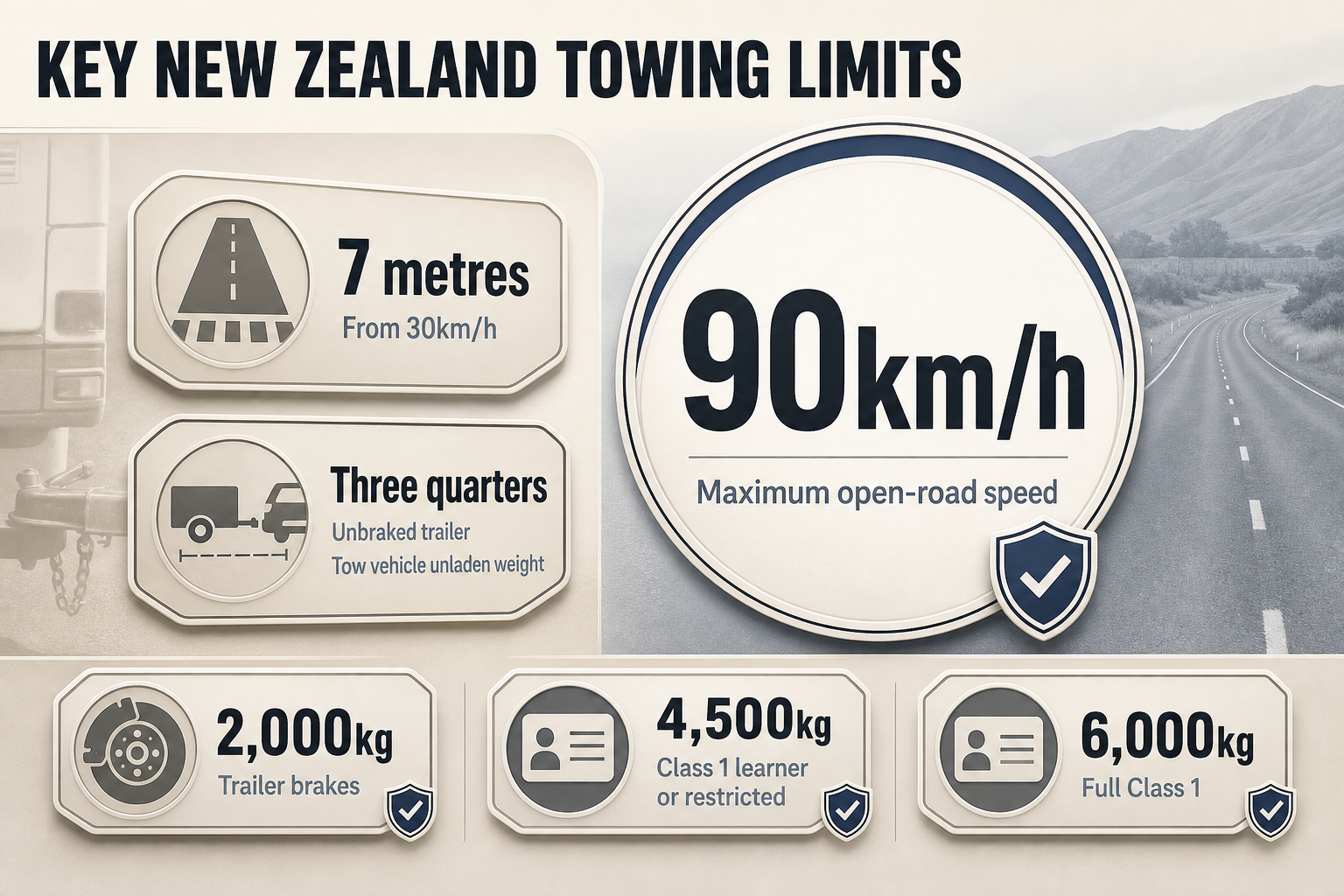 New Zealand Towing Rules Badge-style infographic with five towing rule callouts for stopping distance, unbraked trailer ratio, brake threshold, speed, and licence limits.