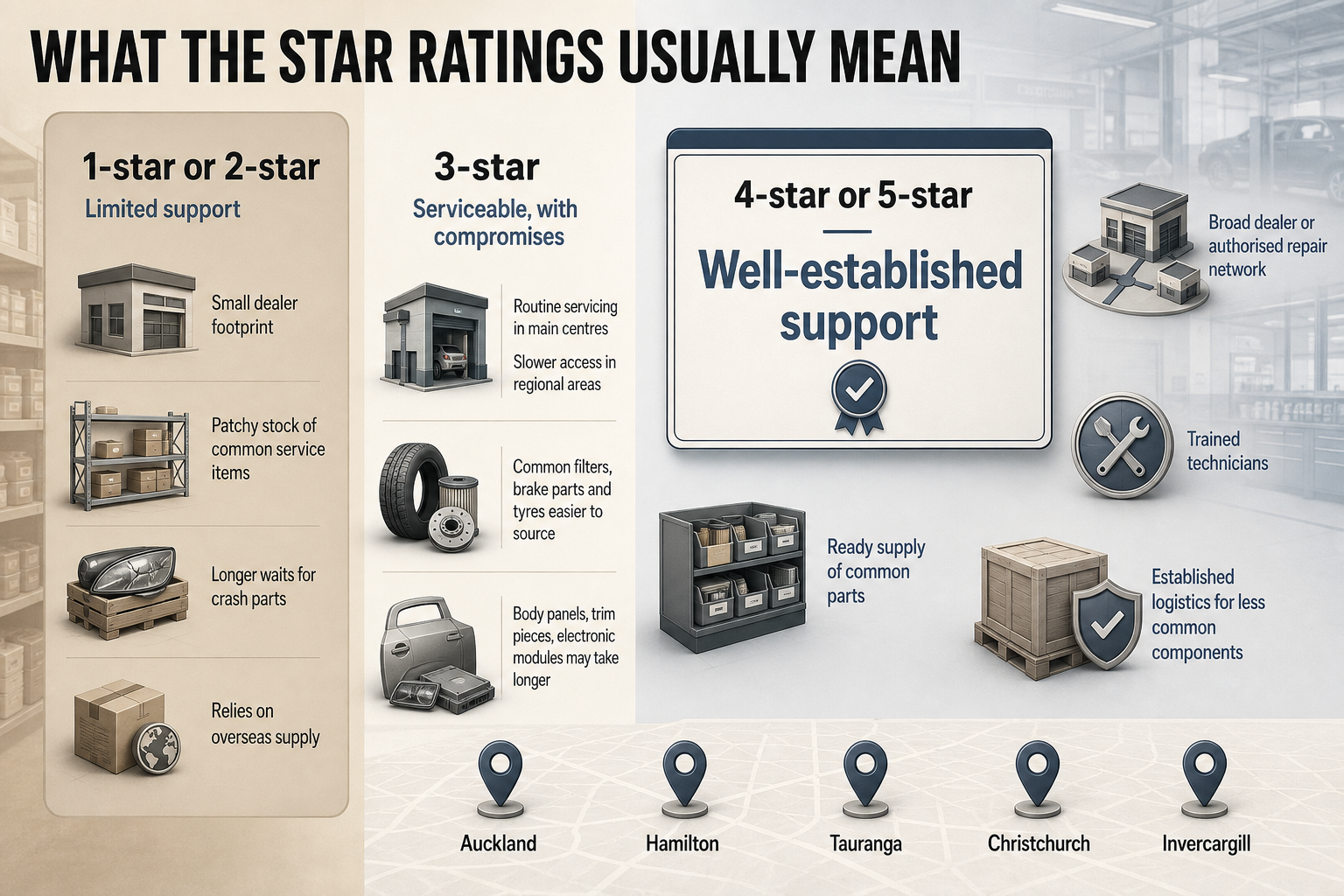 What Star Ratings Usually Mean Three-column infographic showing 1-star to 5-star rating tiers with support notes, parts access points, and NZ city labels