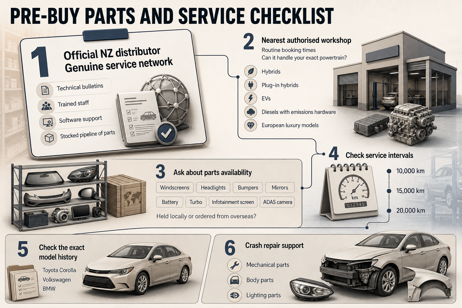Pre-Buy Service Support Checklist Six-step flowchart infographic with checklist boxes covering distributor support, workshop access, parts questions, intervals, model history, and crash repair