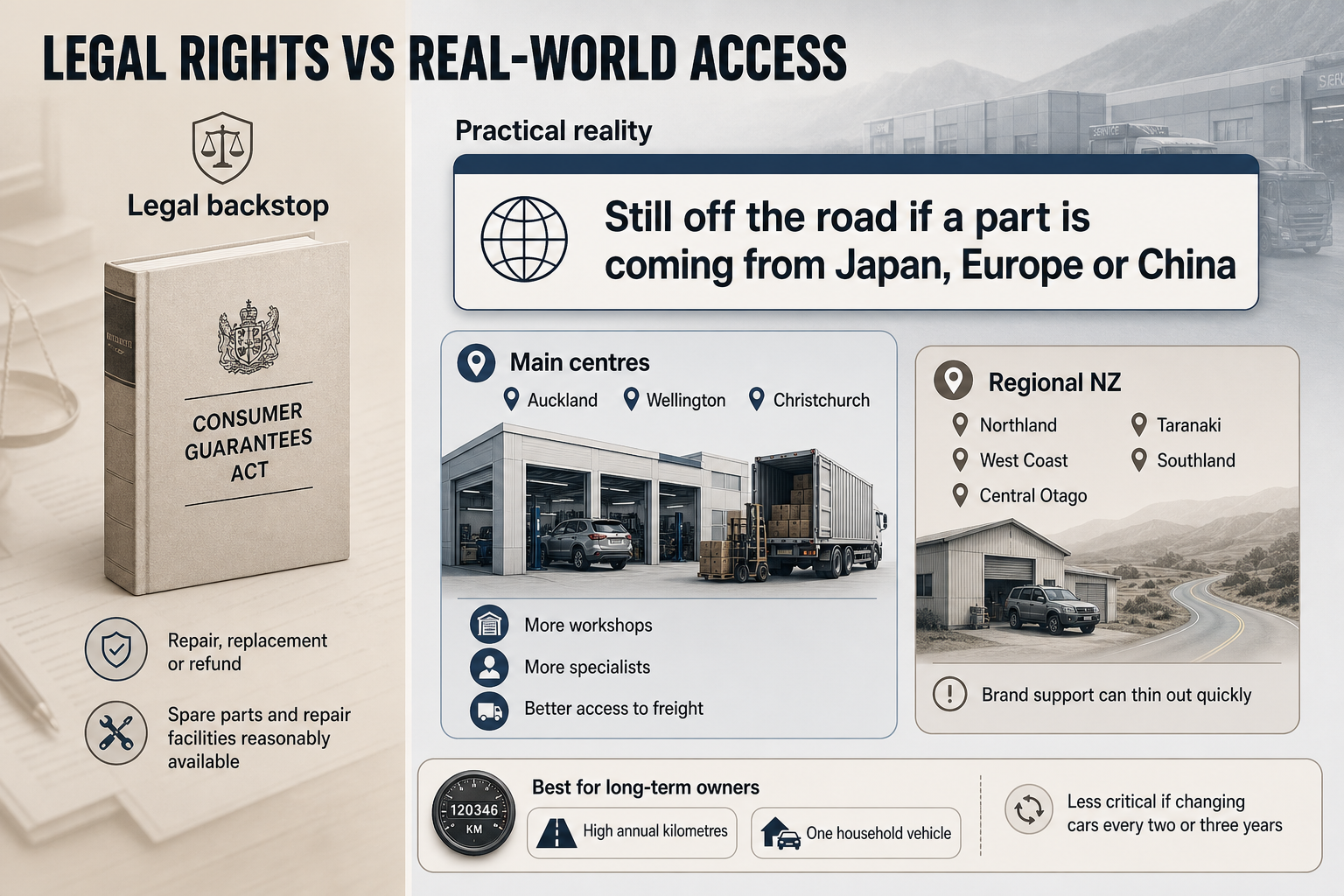 Legal Rights Vs Service Access Split-view infographic with a legal rights panel on one side and a New Zealand location access comparison between main centres and regional areas