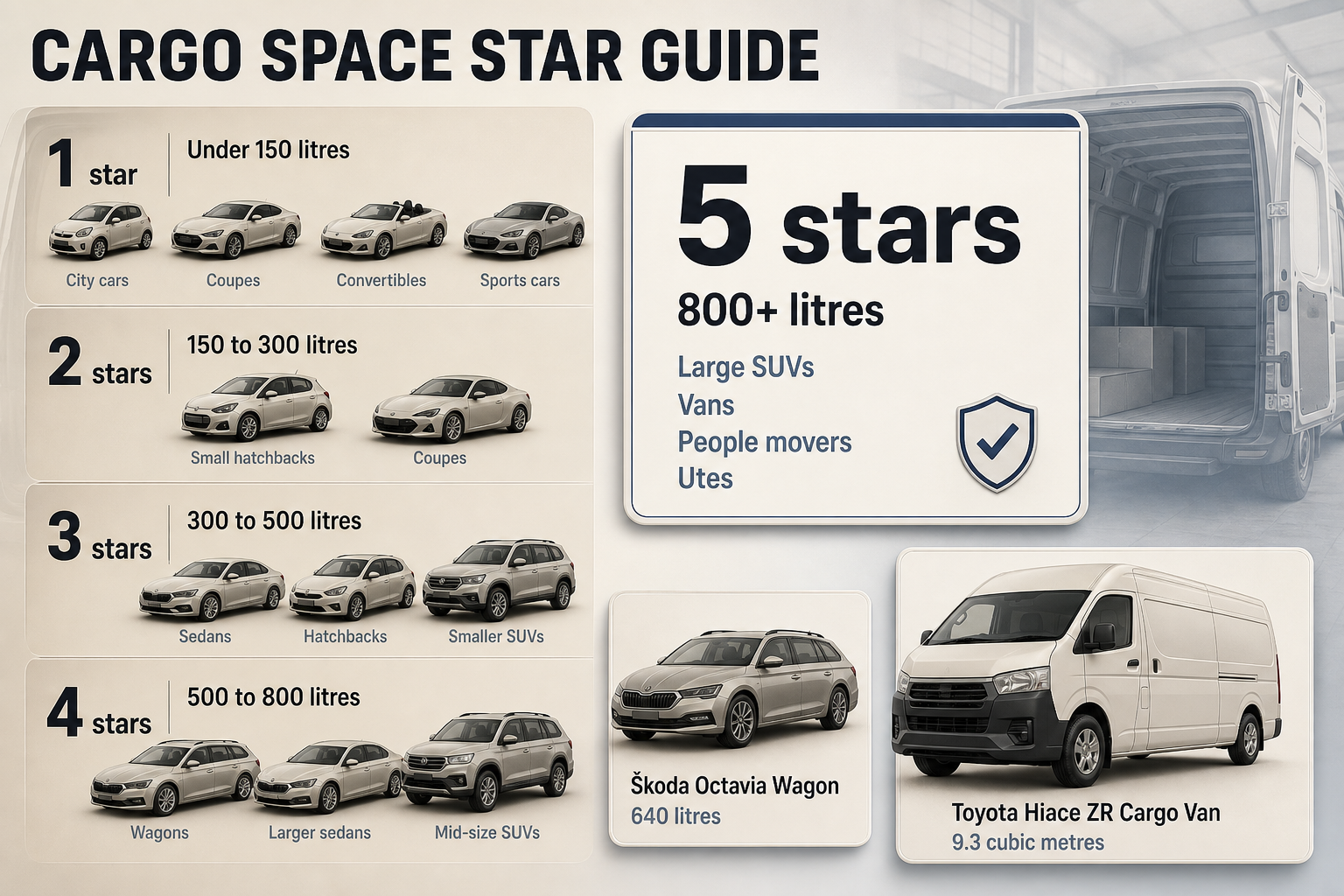 Five-column infographic showing cargo star bands from under 150 litres to 800+ litres, with vehicle types and example capacities
