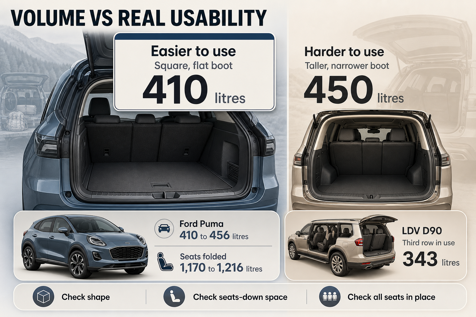 Split-view graphic comparing a square 410-litre boot with a taller 450-litre boot, plus callouts for Puma and D90 cargo figures