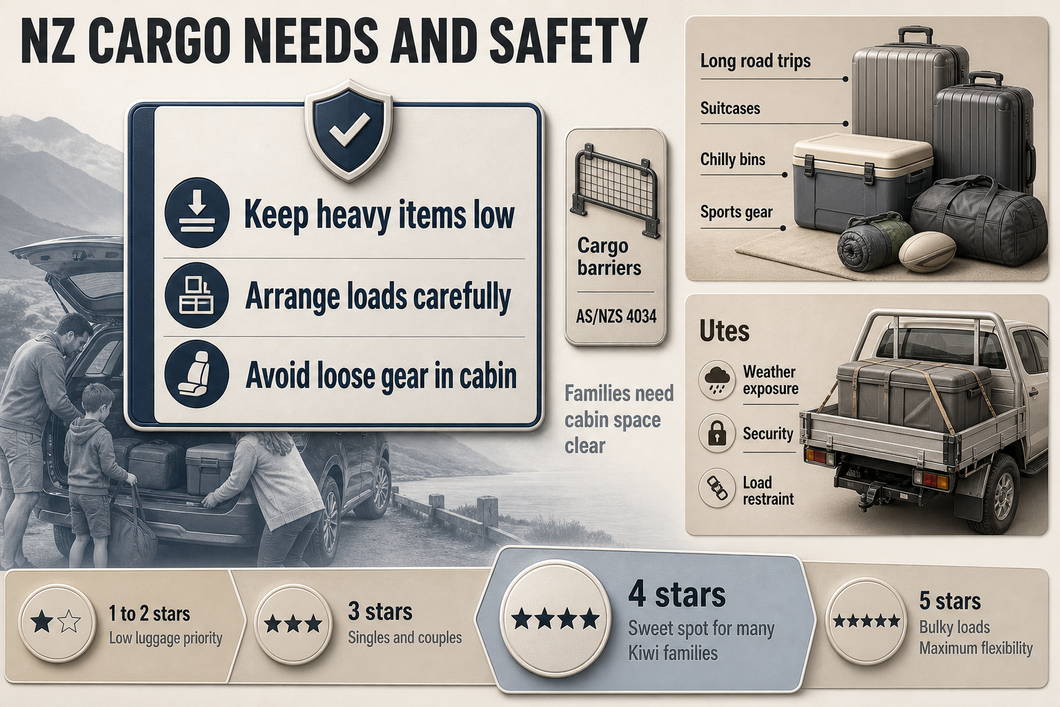 Editorial info-card with icons for road trips, luggage, safe loading, cargo barrier standard, family use, and ute tray considerations