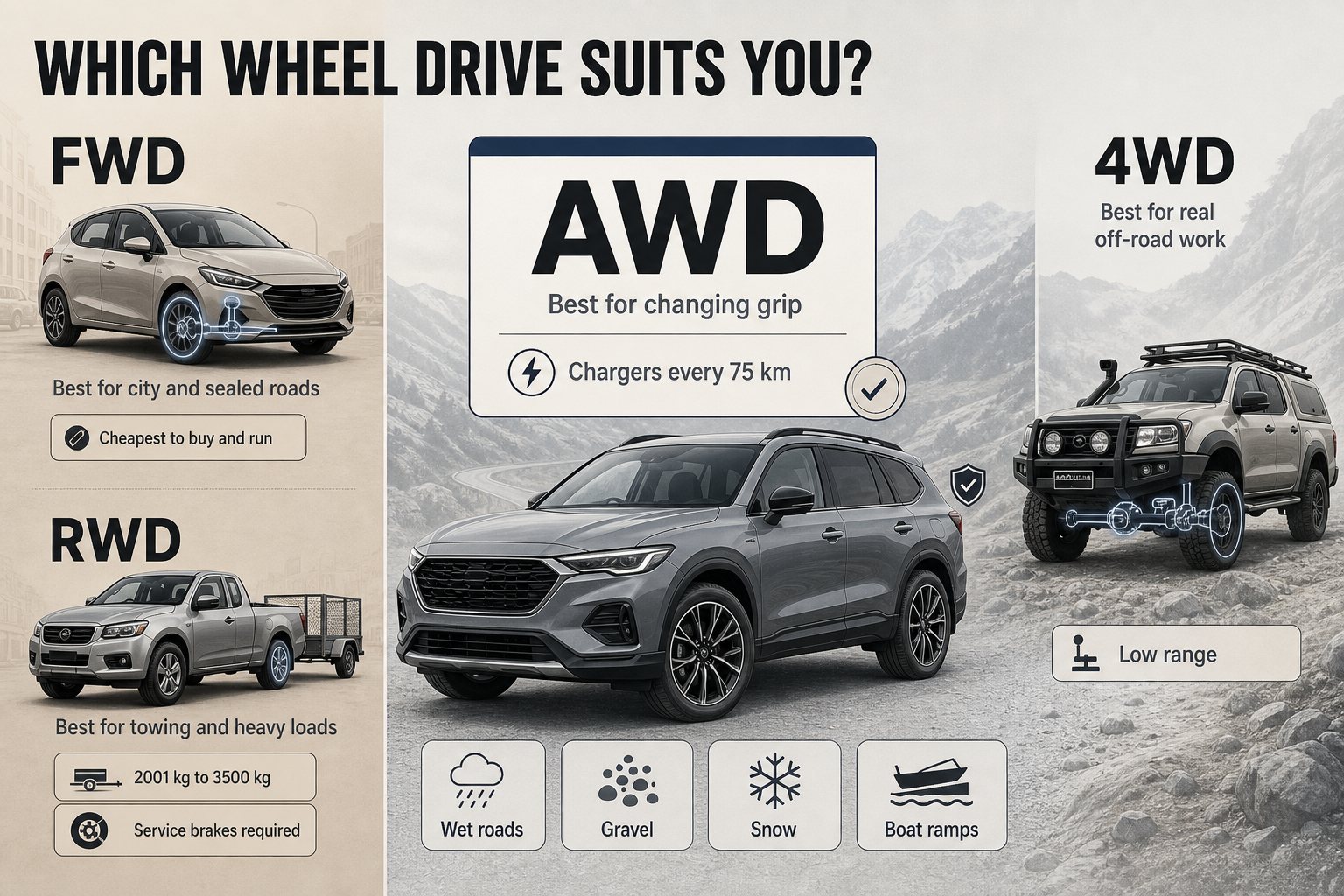 Four-column infographic with vehicle drivetrain labels, use-case icons, and callout badges for towing brakes, EV charging, and low range