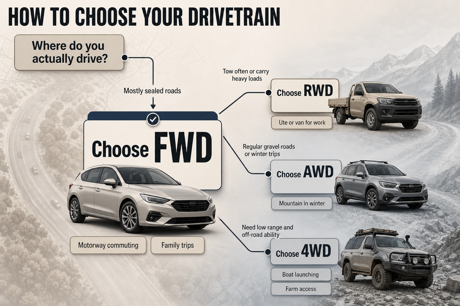 Decision flow infographic with four branching paths from driving needs to FWD, RWD, AWD, and 4WD recommendations