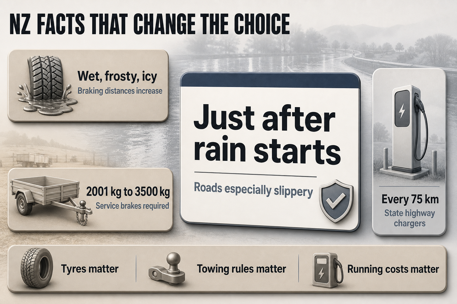 Badge-style infographic with four rounded stat panels covering slippery roads, longer braking distances, towing brake rules, and charger spacing
