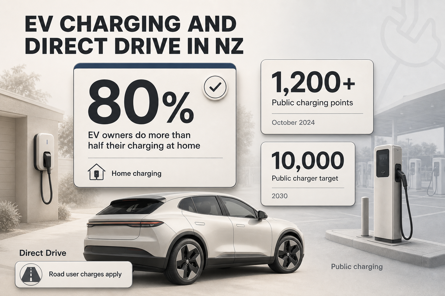 EV charging stats for NZ buyers Landscape infographic with four stat badges for EV home charging, public charging points, 2030 charger target, and road user charges