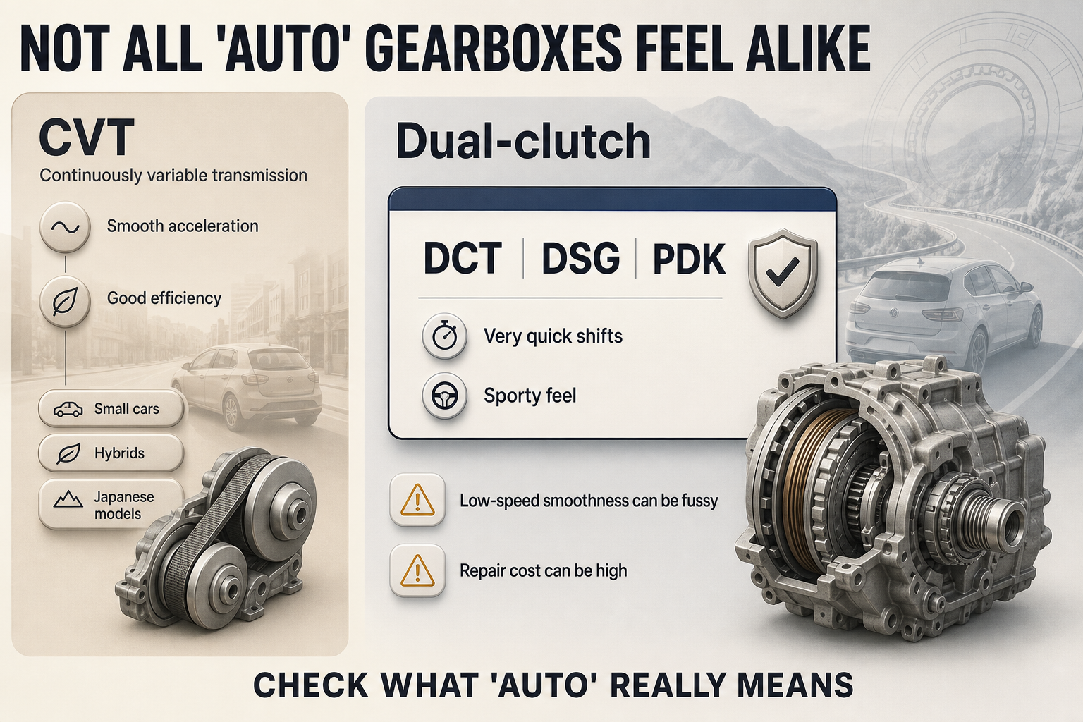 CVT vs dual-clutch at a glance Two-column comparison infographic showing CVT features on one side and dual-clutch gearbox features on the other