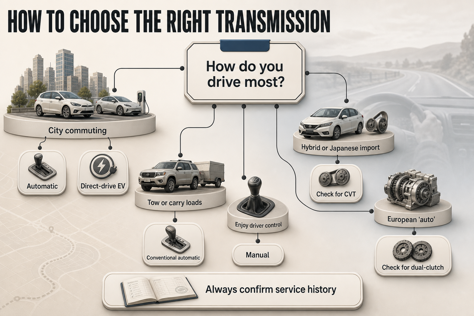 Transmission choice flow for NZ buyers Flowchart infographic with driving scenarios leading to automatic, direct-drive EV, manual, CVT check, and dual-clutch check